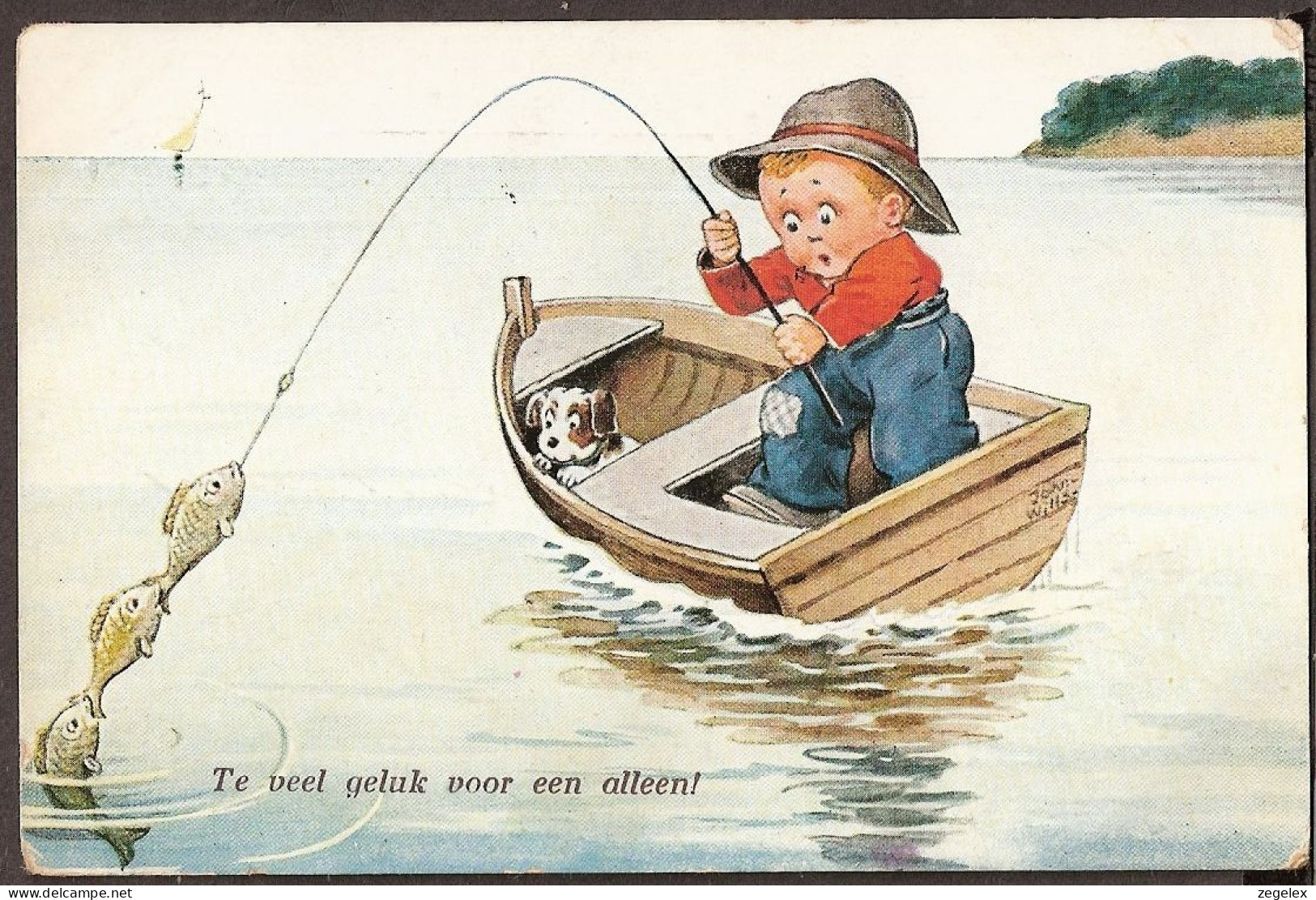 Le Petit Pêcheur A Beaucoup De Chance. Petit Chien. Signé Par John Wills. Fishing - Wills, John