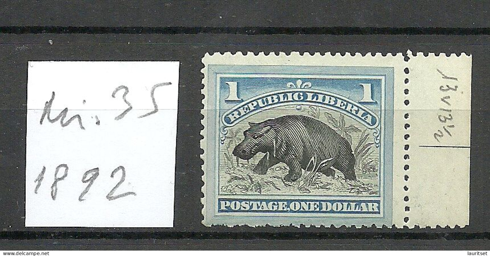 LIBERIA 1892 Michel 35 MNH Flusspferd Rhino - Rhinocéros