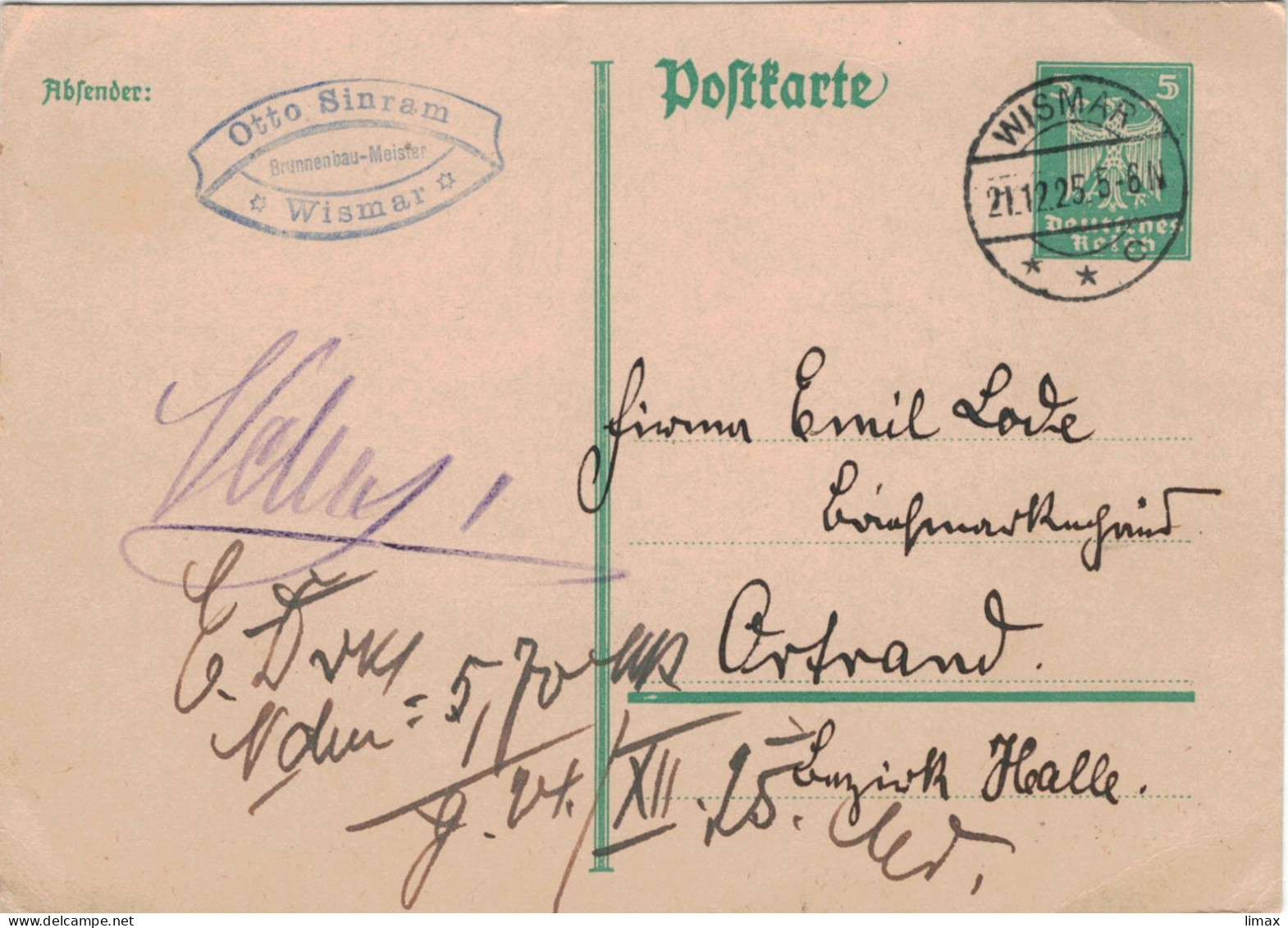 Ganzsache Otto Sunram Wismar 1925 > Ortrand - Bestellung 1/2 Kg Raritäten... - Briefkaarten