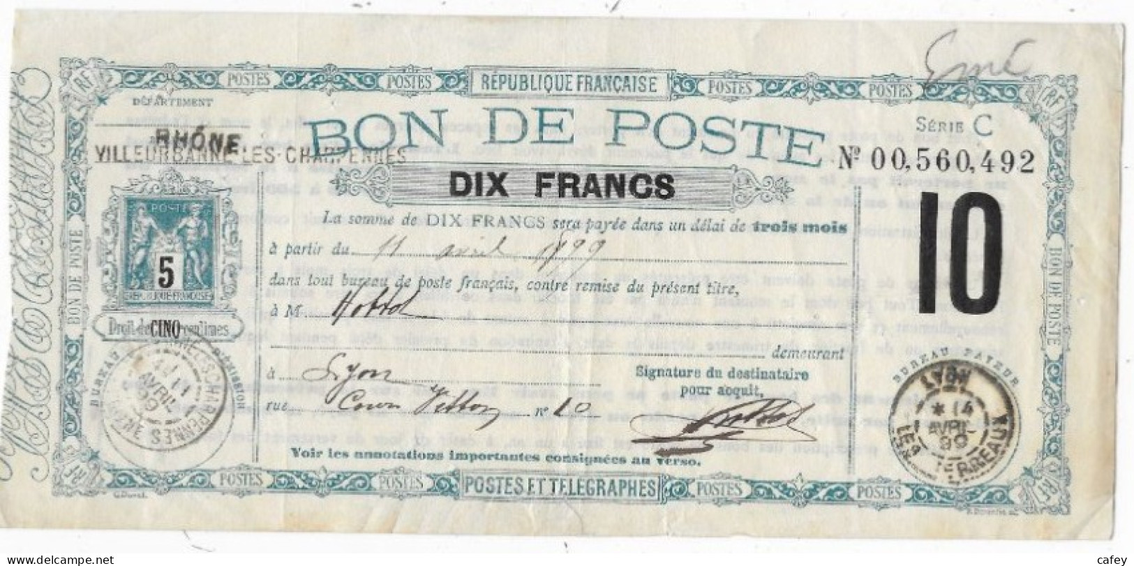 Entier Postal BON DE POSTE DIX FRANCS Timbre 5c Type SAGE VILLEURBANNE LES CHARPENNES 1899 (déchirure Sur Le Bas) RARE - Standaardomslagen En TSC (Voor 1995)