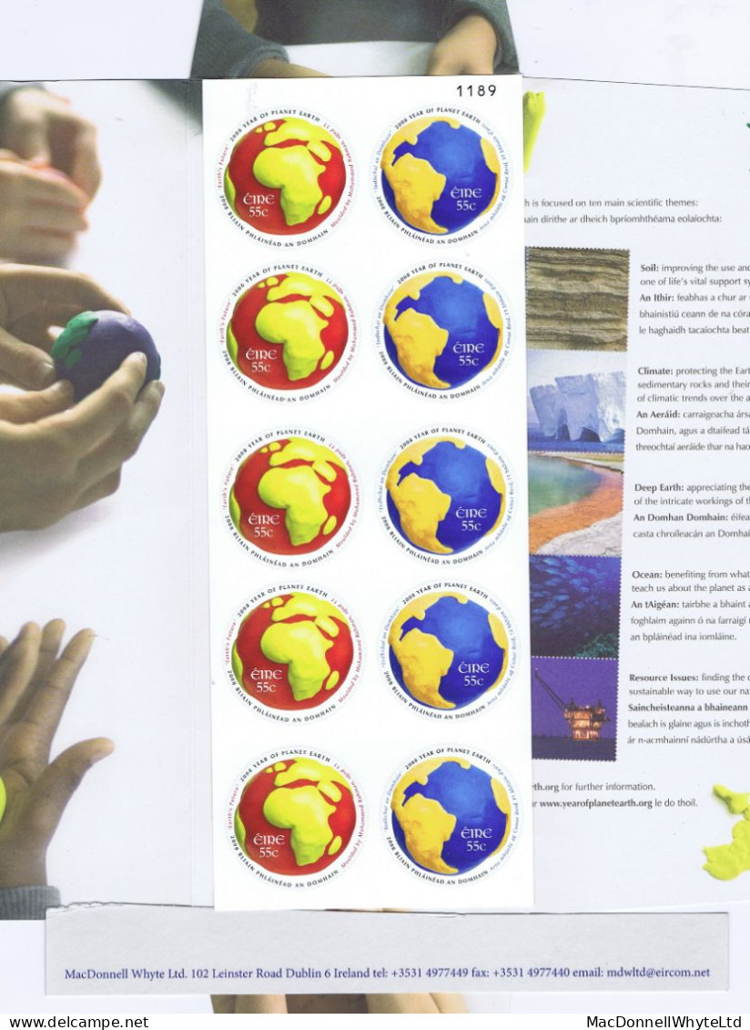 Ireland 2008 Year Of The Planet Special Sheetlet (unprinted Backing) Of Ten In An Post Folder, Numbered 1189 At Top - Nuevos