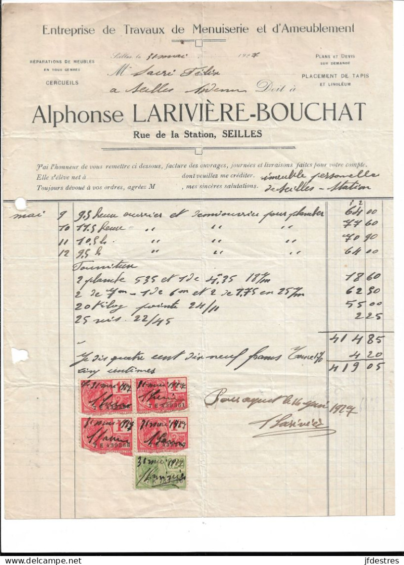 Facture Timbrée Larivière- Bouchat Seilles Menuiserie Et Ameublement 1927 - 1900 – 1949