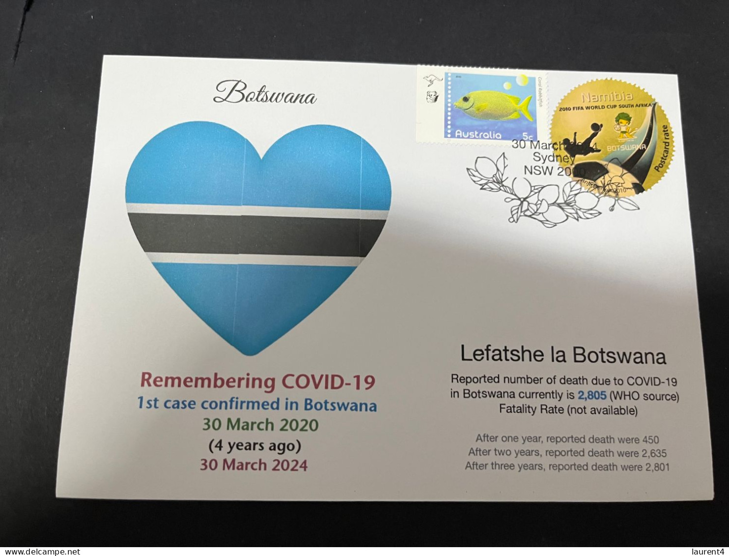 30-3-2024 (4 Y 28) COVID-19 4th Anniversary - Botswana - 30 March 2024 (with Botswana Football Round Flag Stamp) - Disease