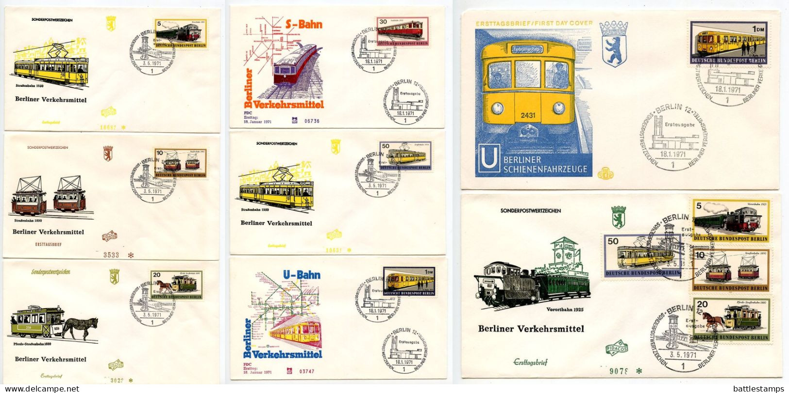Germany, Berlin 1971 8 FDCs Scott 9N305-9N310 Trains - Metro, Suburban, Street Cars, Horsedrawn, Street Car, Subway - 1971-1980