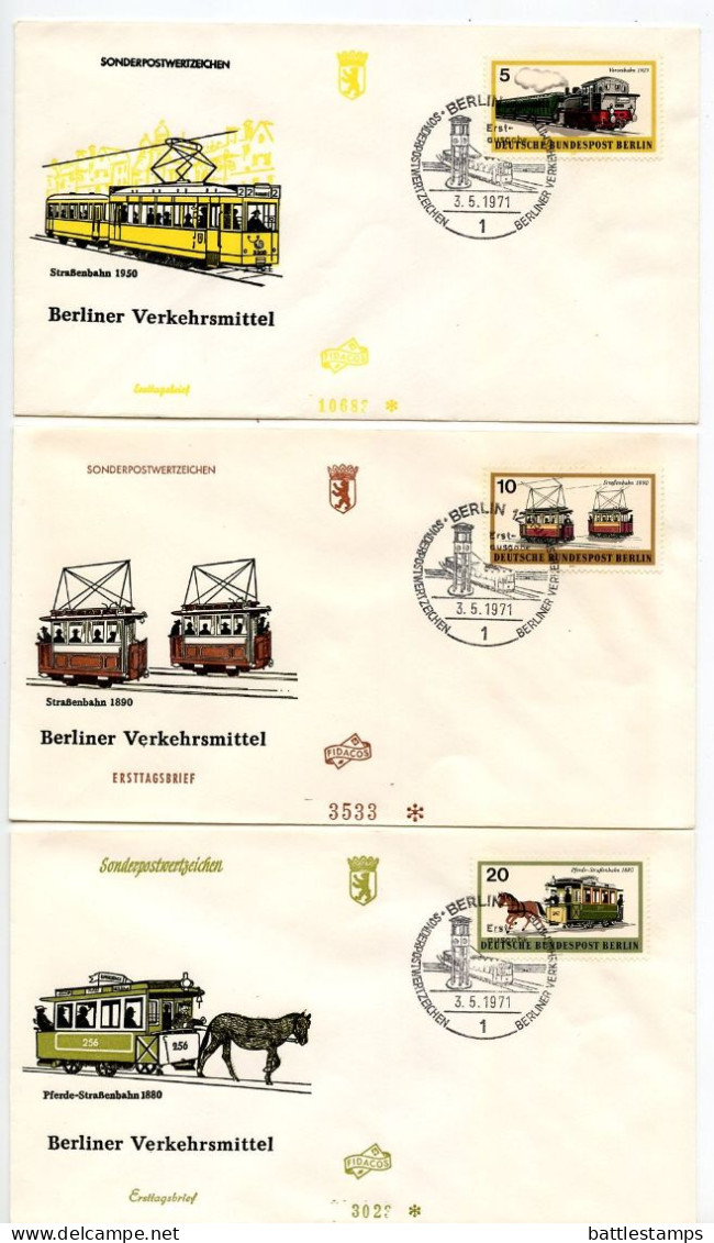 Germany, Berlin 1971 8 FDCs Scott 9N305-9N310 Trains - Metro, Suburban, Street Cars, Horsedrawn, Street Car, Subway - 1971-1980