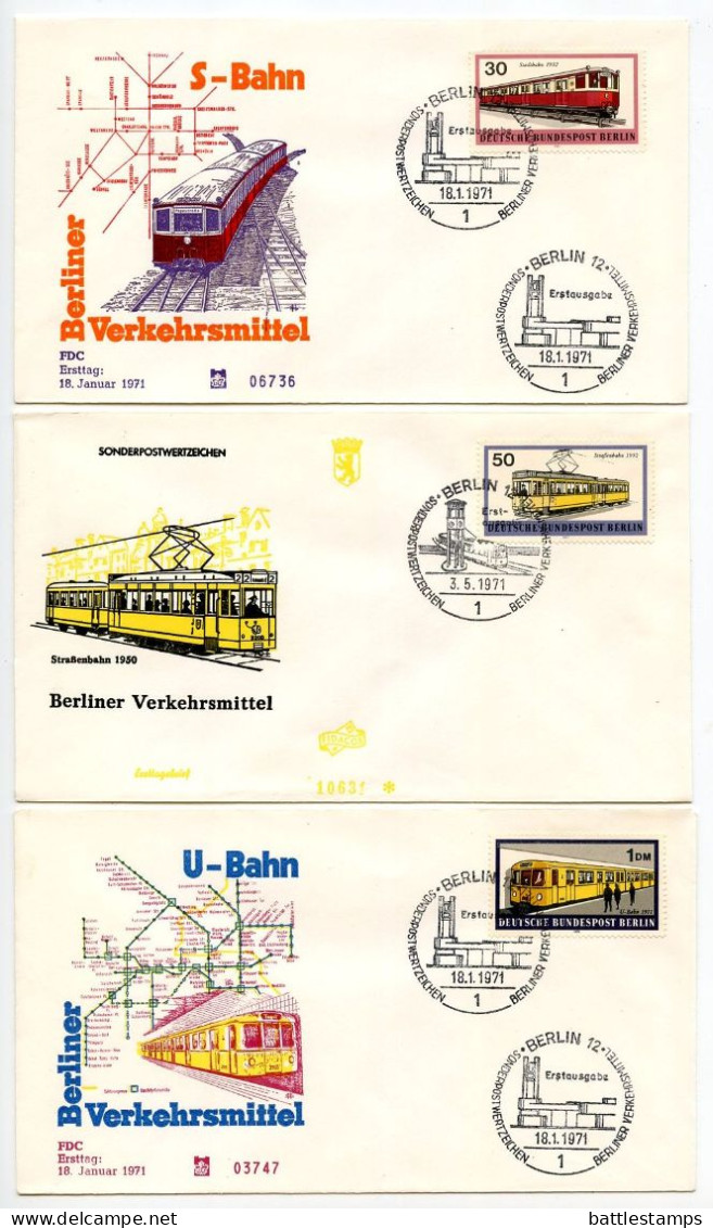 Germany, Berlin 1971 8 FDCs Scott 9N305-9N310 Trains - Metro, Suburban, Street Cars, Horsedrawn, Street Car, Subway - 1971-1980