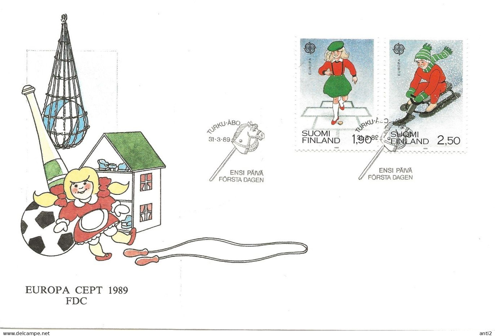 Finland   1989 Europe: Children's Games,  Girl Playing Hopscotch Hopscotch, Boy On A Dirigible Sledge Mi 1082-1083  FDC - Covers & Documents