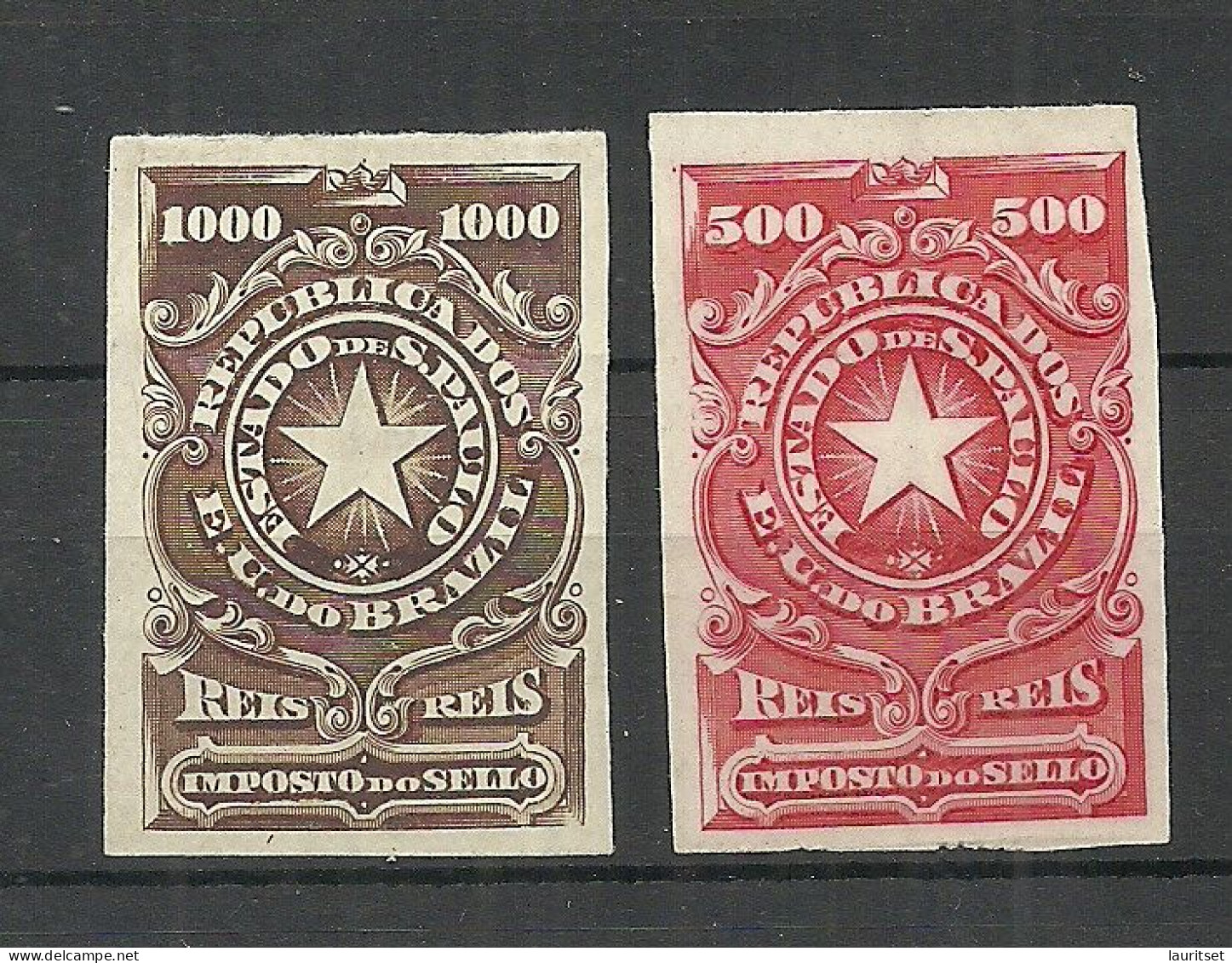 BRAZIL Brazilia Estado De S. Paulo Ca. 1900 Local Revenue Taxe Fiscal Tax Imposto Do Sello 500 & 1000 Reis Imperf (*) - Gebruikt