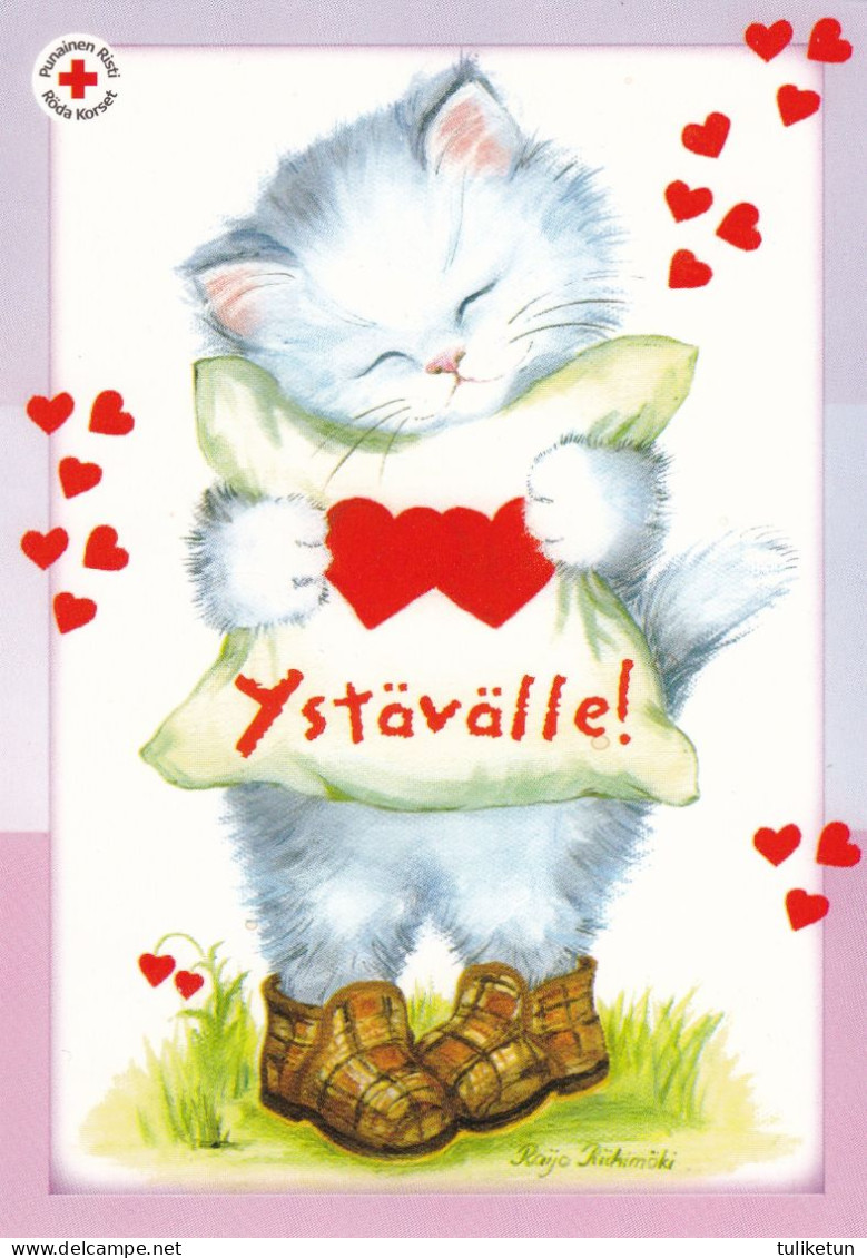 Postal Stationery - Flower - Cat Holding Hearts - Morning Slippers - Red Cross - Suomi Finland - Postage Paid - Postal Stationery
