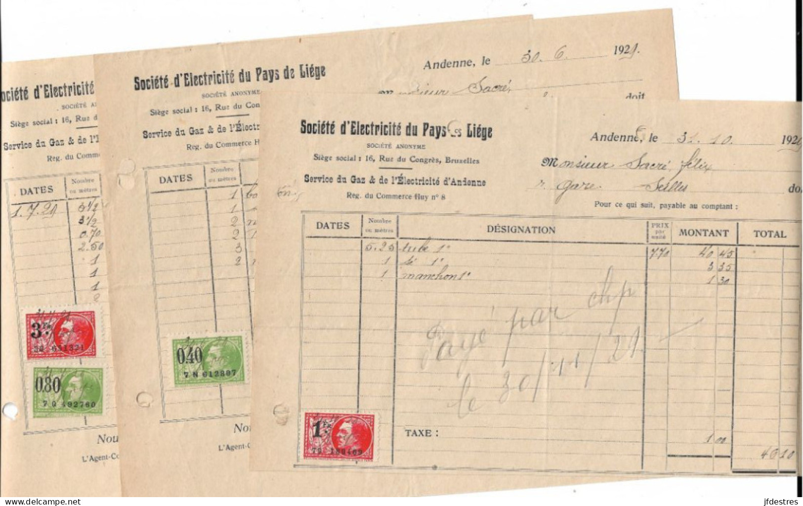 Factures Timbrées Société D'électricité Du Pays De Liège. Service Gaz électricité Andenne 1929 A Felix Sacré  Seilles - 1900 – 1949