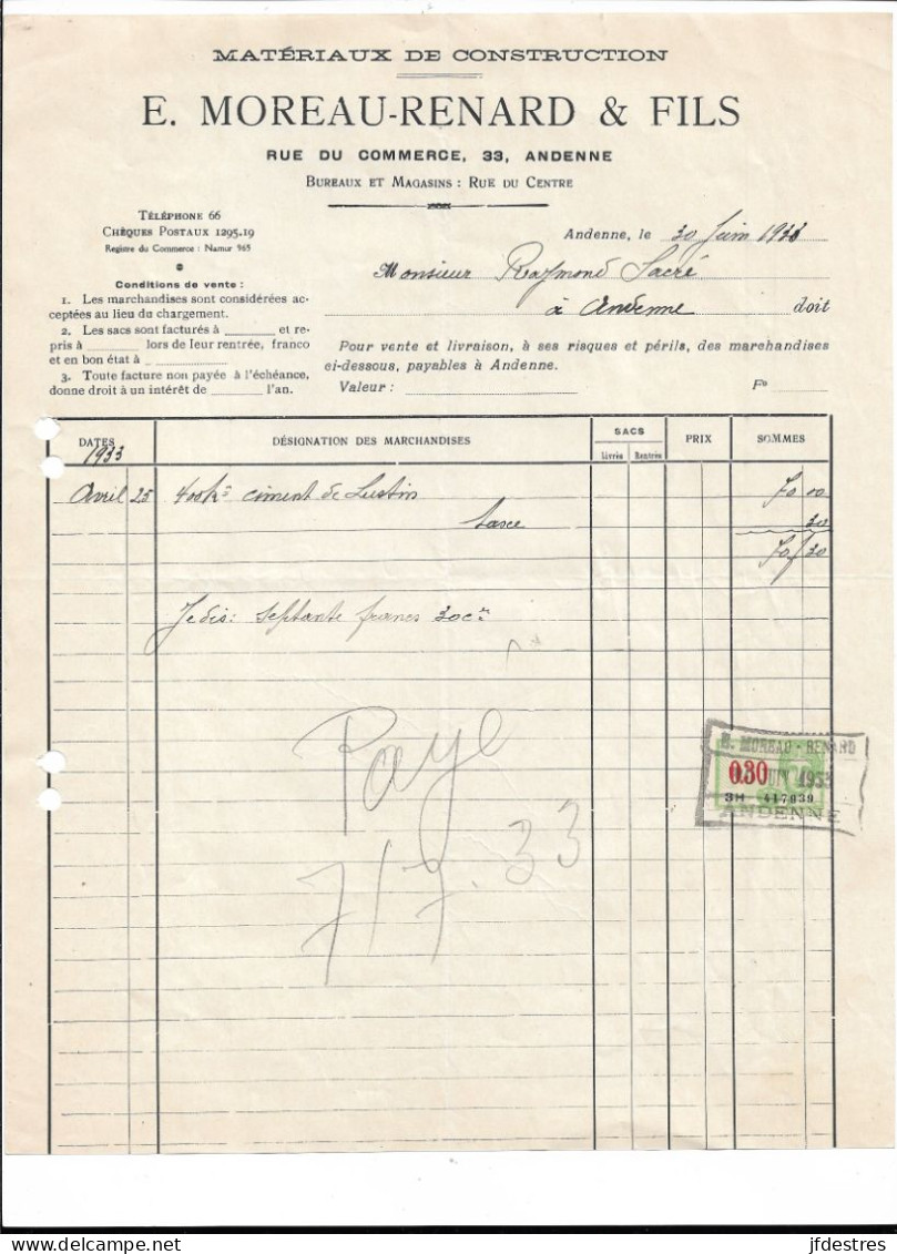 Facture Timbrée Moreau-Renard Matériaux De Construction Andenne A Raymond Sacré  Andenne 1933 - 1900 – 1949
