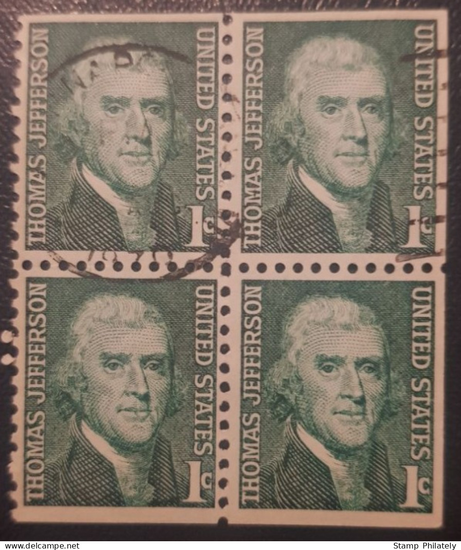 United States Used Coil Block Of Four Thomas Jefferson - Gebraucht