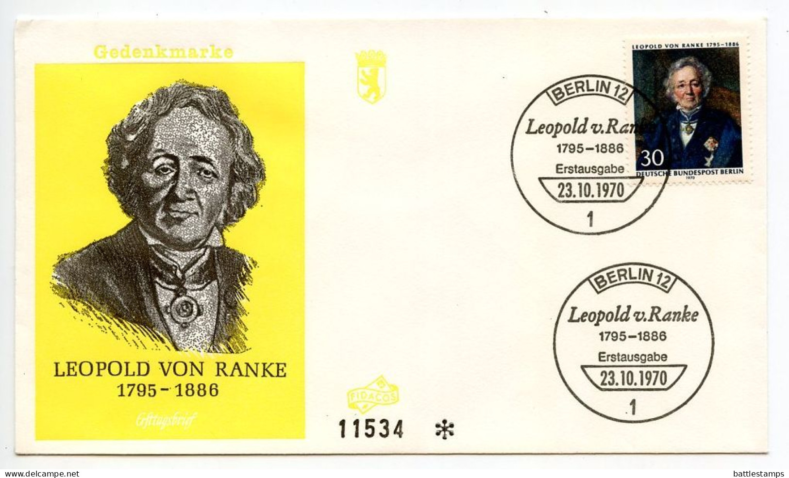 Germany, Berlin 1970 FDC Scott 9N303 Leopold Von Ranke - 1948-1970