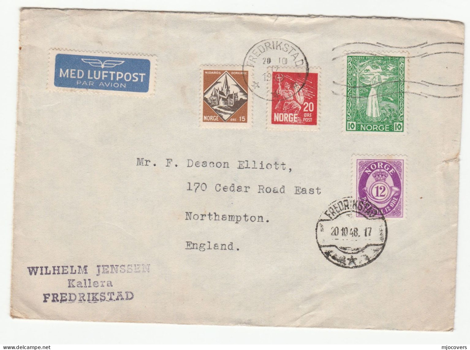 1949 Norway ARCHERY CHURCH POET Air Mail COVER Stamps  Fredrickstad To GB - Storia Postale