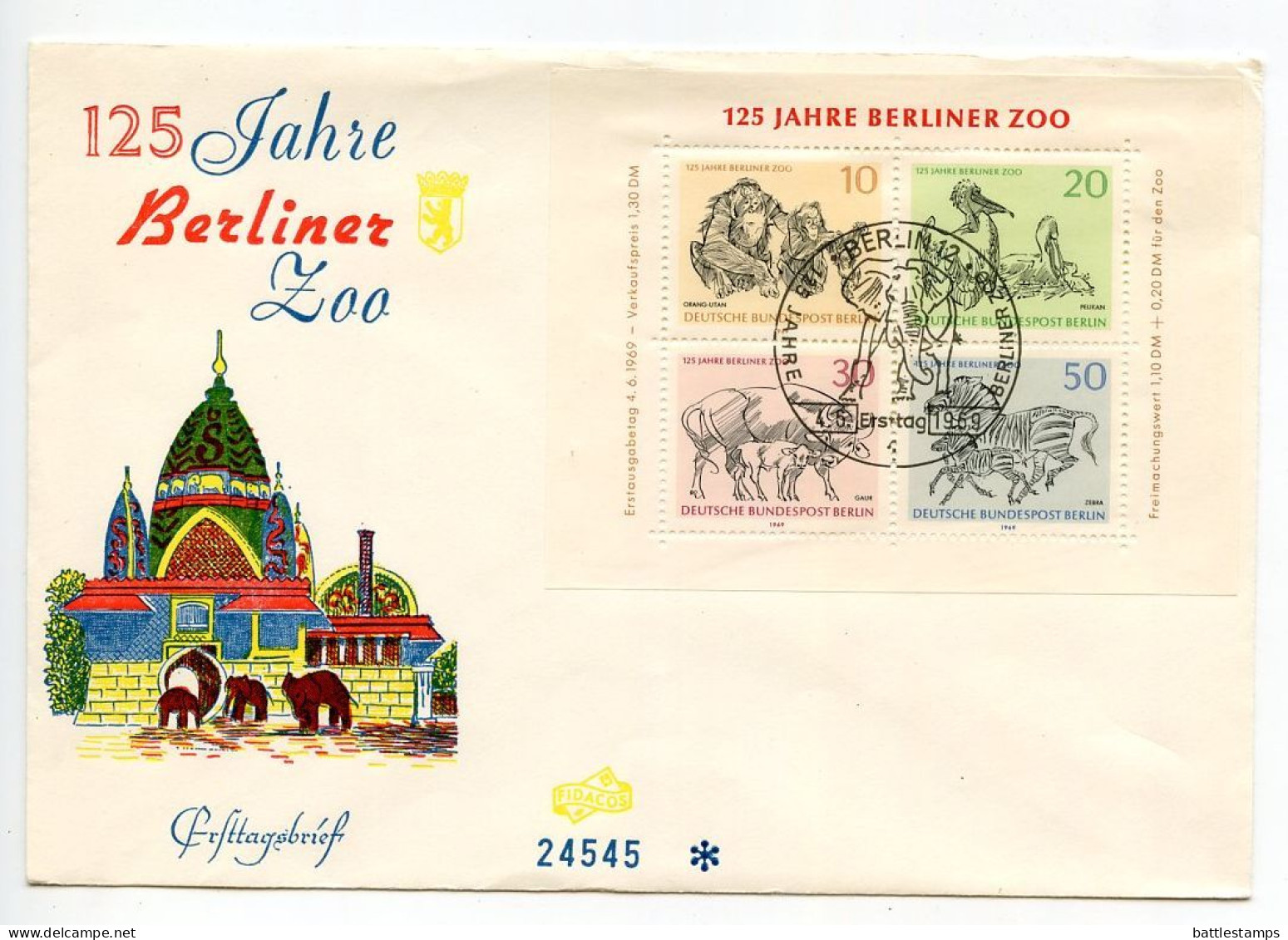 Germany, Berlin 1969 FDC Scott 9NB275 S/S Berlin Zoo 125th Anniversary - Orangutans, Pelicans, Gaur, Zebra - 1948-1970