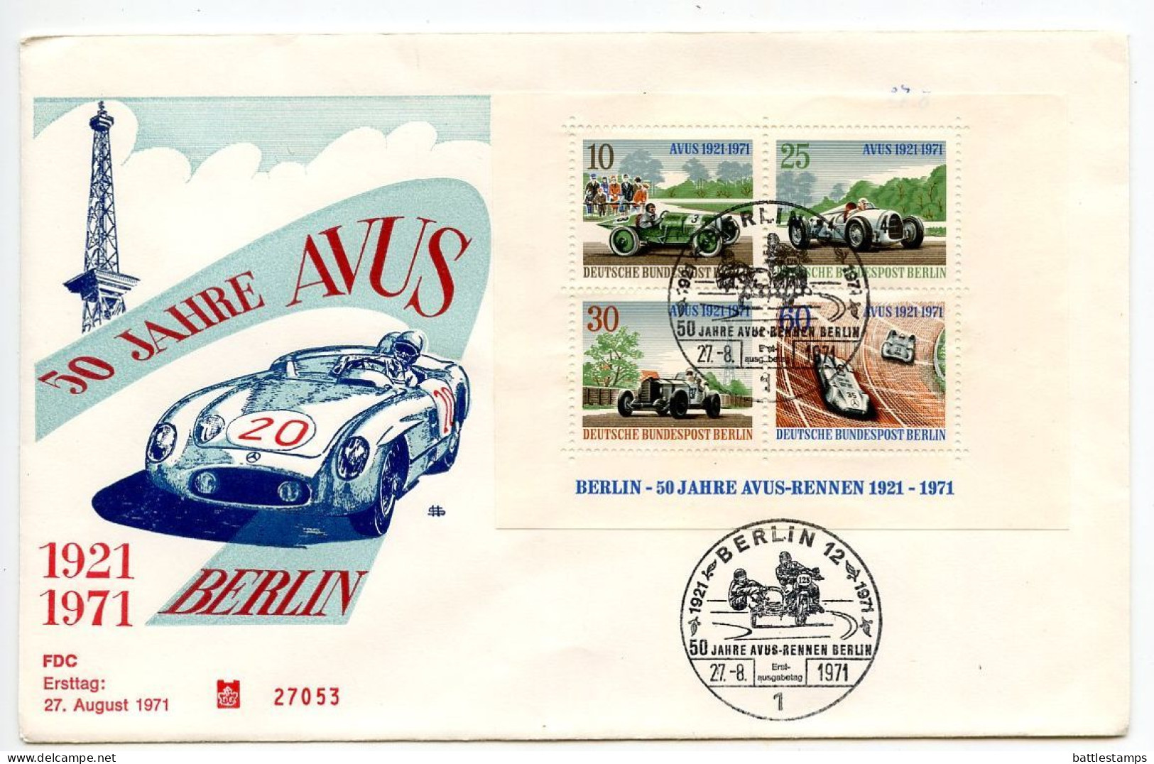 Germany, Berlin 1971 FDC Scott 9N315 S/S 50th Anniversary Avus Race Track - Race Cars - 1971-1980