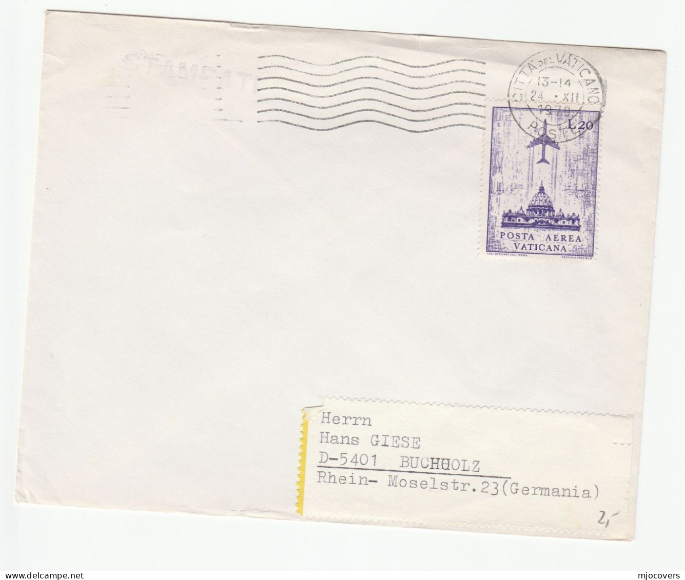 1970 State Of VATICAN Government Cover To Germany Airmail Stamps - Briefe U. Dokumente