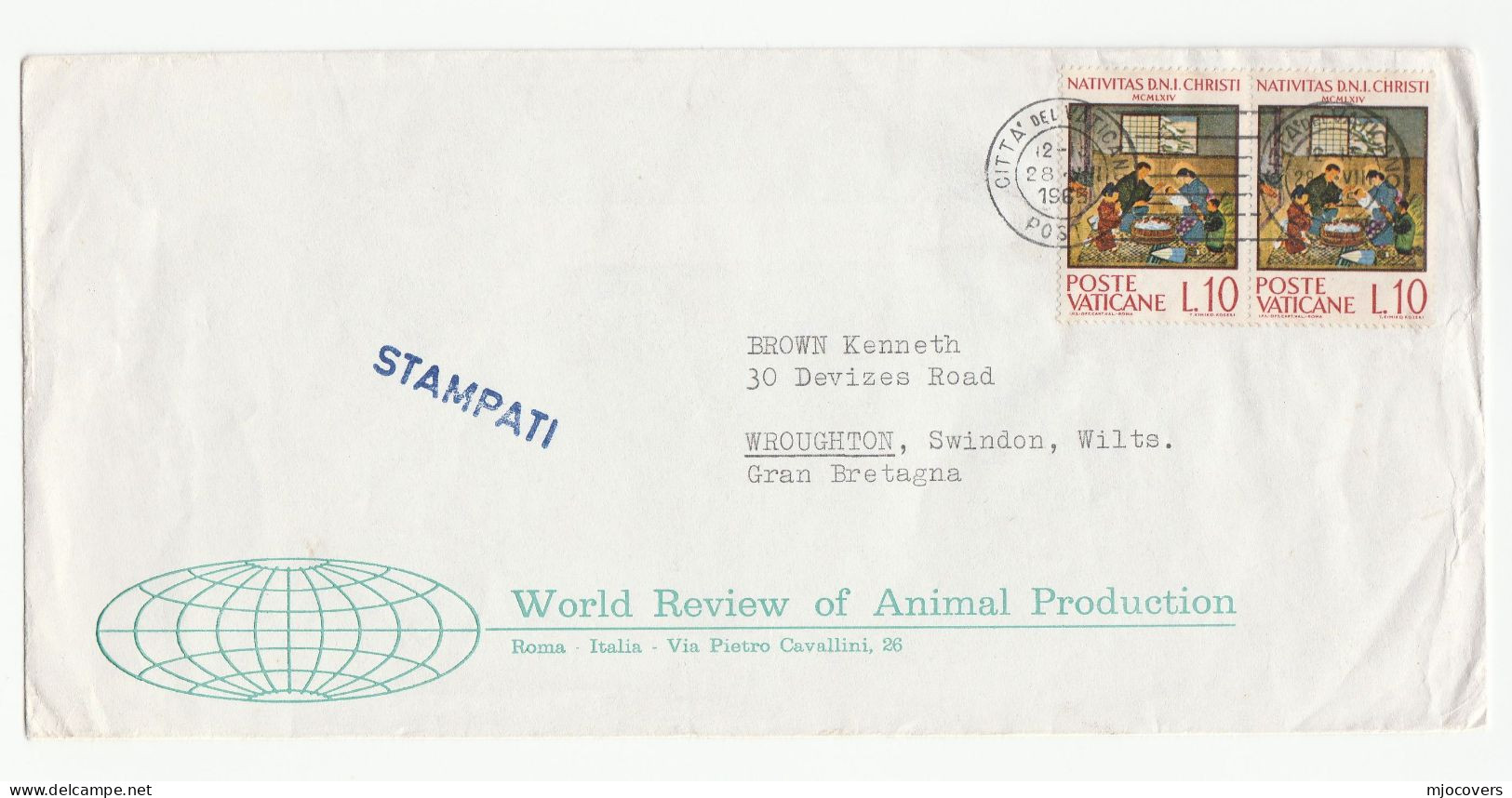 1965 Vatican ANIMAL PRODUCTION World Review COVER  To GB Nativity Stamps Religion Farming - Briefe U. Dokumente