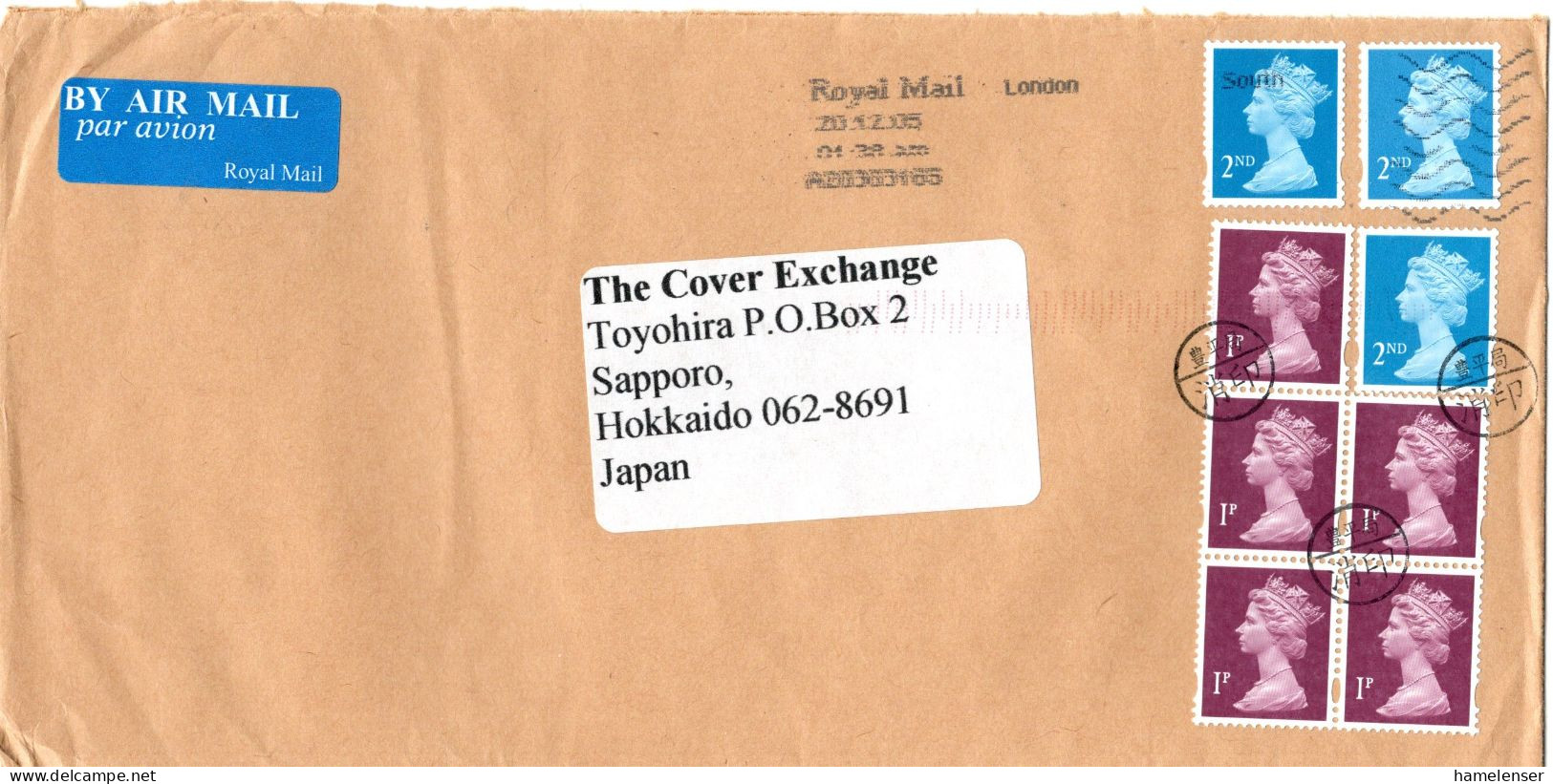 L76664 - Grossbritannien - 2005 - 3@"2nd" Machin MiF A LpBf LONDON - ... -> TOYOHIRA (Japan), M Nachtraegl-entw-Stpl - Covers & Documents