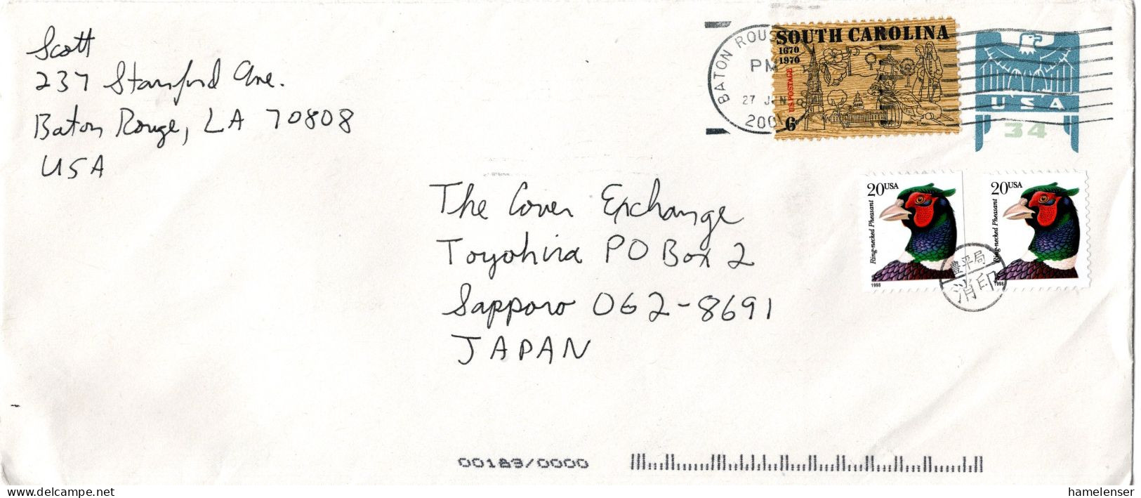 L76667 - USA - 2001 - 34¢ GAU M ZusFrankatur BATON ROUGE, LA -> TOYOHIRA (Japan), M Nachtraeglich-entwertet-Stpl - Lettres & Documents
