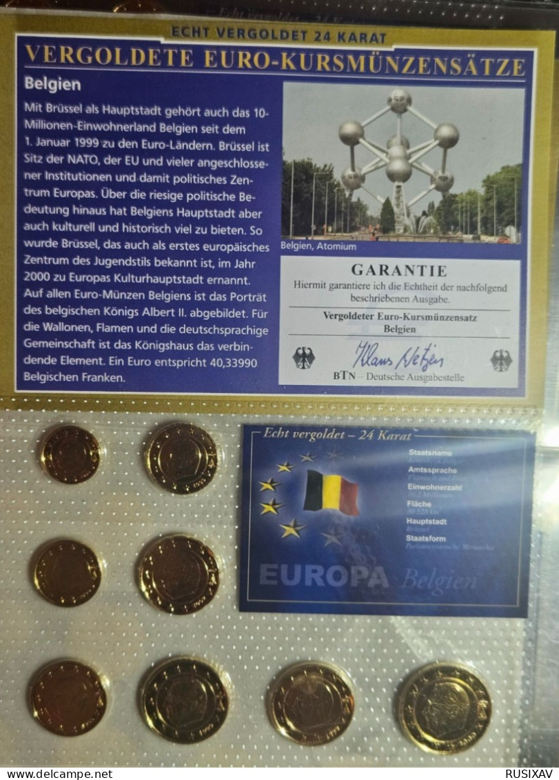 Belgique Série Euros Complète Vergoldet - Dorée 24 Carats - Belgique