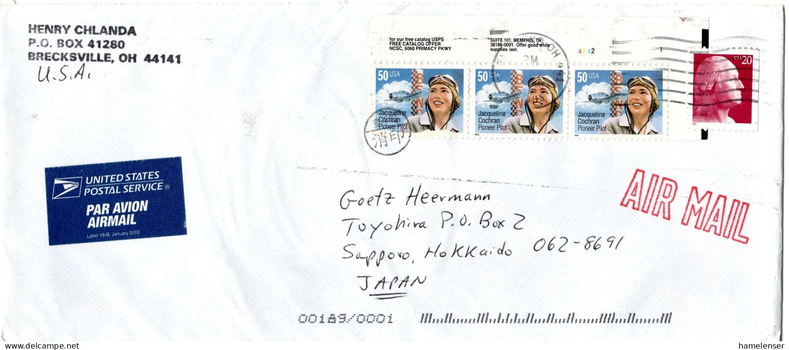 L76674 - USA - 2005 - 3@50¢ Cochran MiF A LpBf CLEVELAND, OH -> TOYOHIRA (Japan), M Nachtraeglich-entwertet-Stpl - Storia Postale