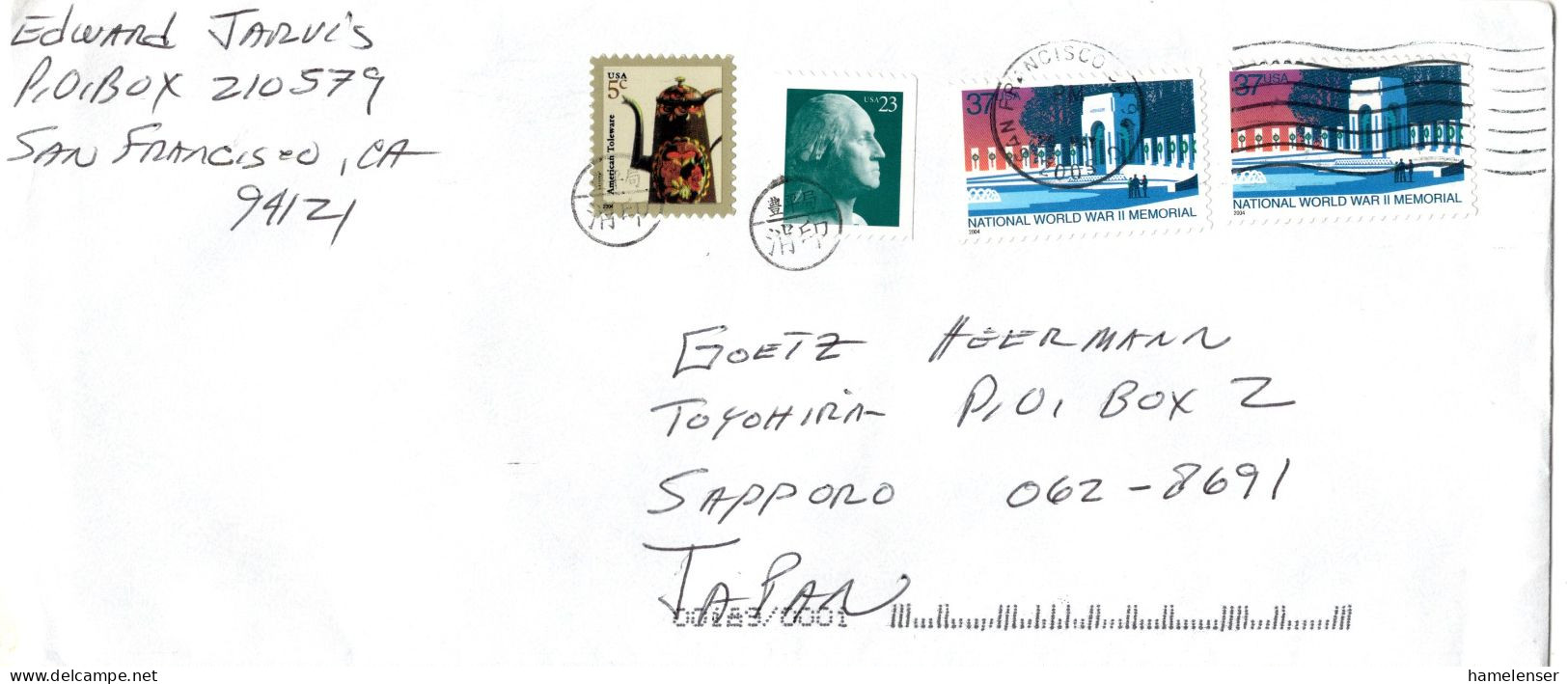 L76675 - USA - 2005 - 2@37¢ Kriegerdenkmal MiF A Bf SAN FRANCISCO, CA-> TOYOHIRA (Japan), M Nachtraeglich-entwertet-Stpl - Storia Postale