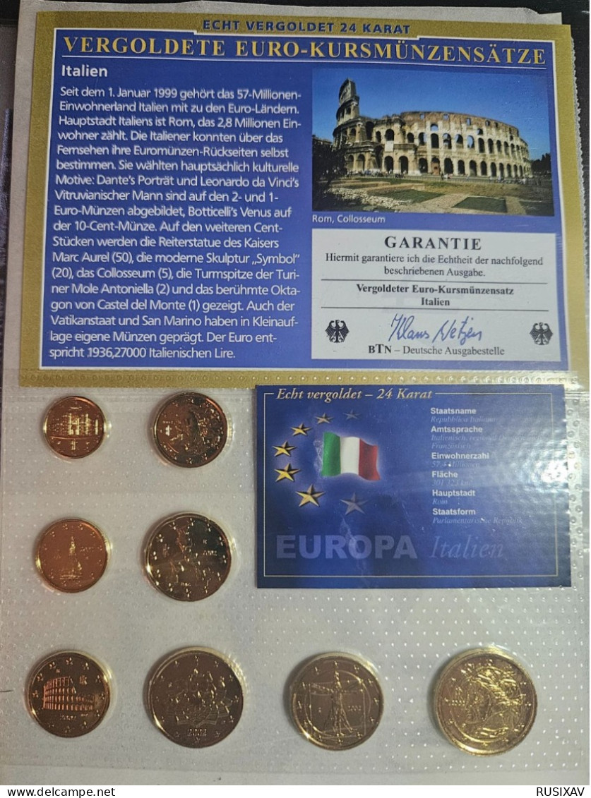 Italie Série Euros Complète Vergoldet - Dorée 24 Carats - Italia