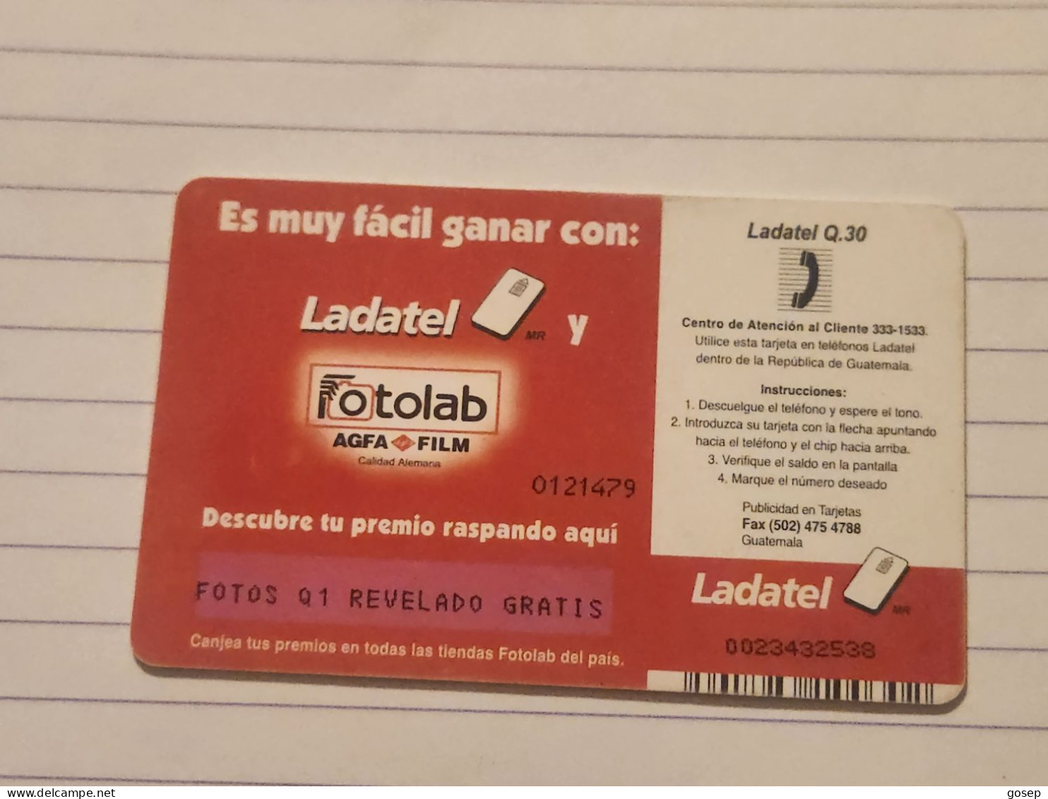 Guatemala-(GU-TLG-0160A)-FOTOLAB-(27)-(ladatel Q.30)-(0023432538)-used Card+1 Card Prepiad Free - Guatemala