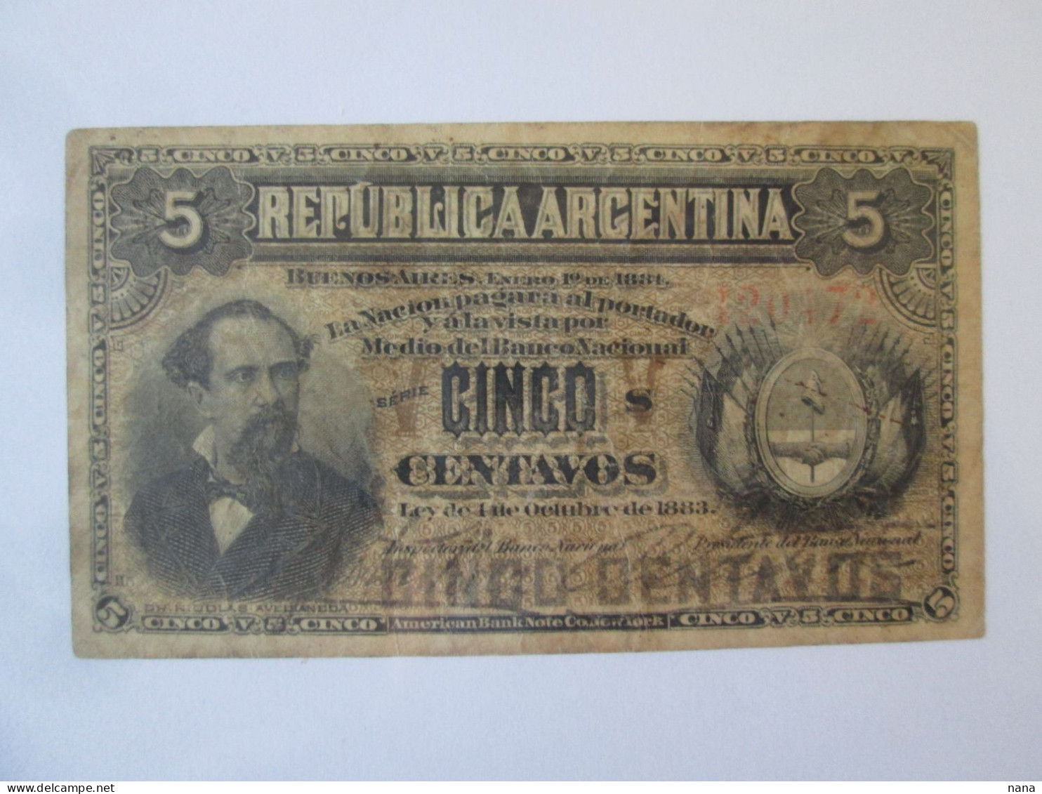 Rare! Argentina 5 Centavos 1884 Banknote See Pictures - Argentina