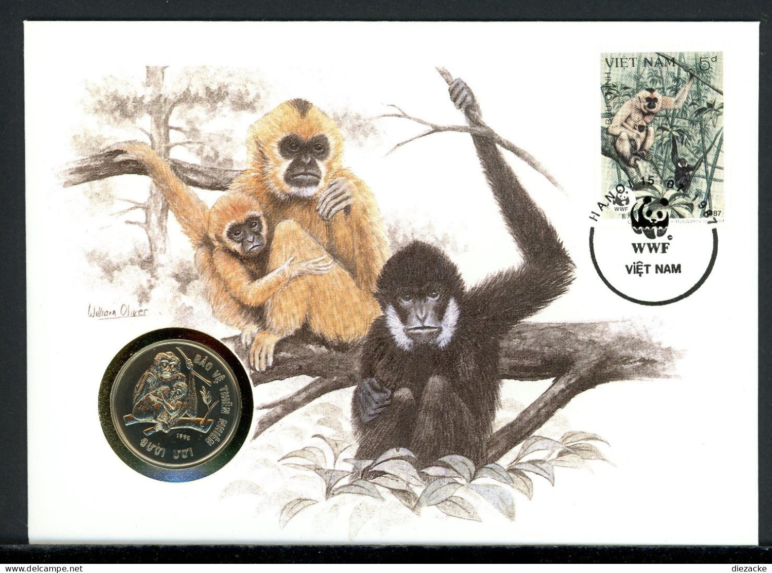 Vietnam 1987 Numisbrief 10 Döng Schopfgibbon, WWF CuNi Unzirkuliert (MD853 - Ohne Zuordnung