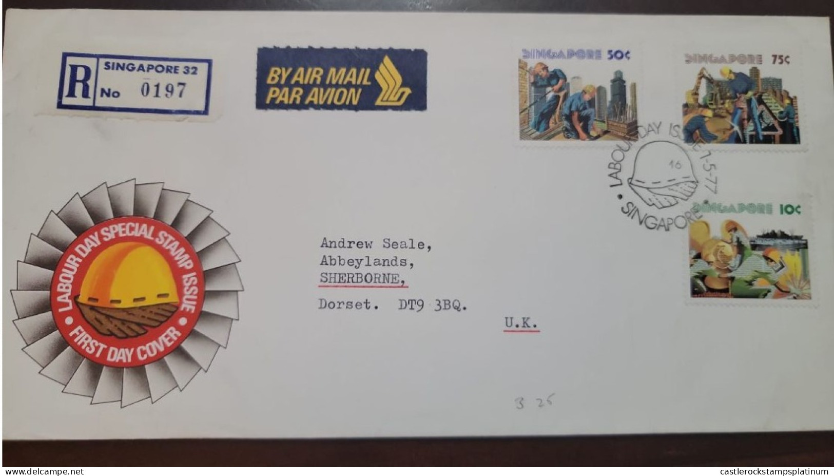 P) 1977 SINGAPORE, LABOUR DAY, AIRMAIL, CIRCULATED COVER, REGISTERED, FDC XF - Singapore (1959-...)