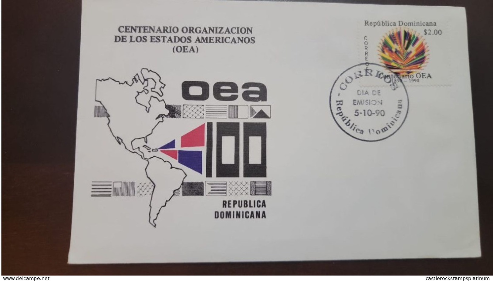 P) 1990 DOMINICAN REPUBLIC, CENTENARY ORGANIZATION AMERICAN STATES OEA, MAP, FDC XF - Dominican Republic