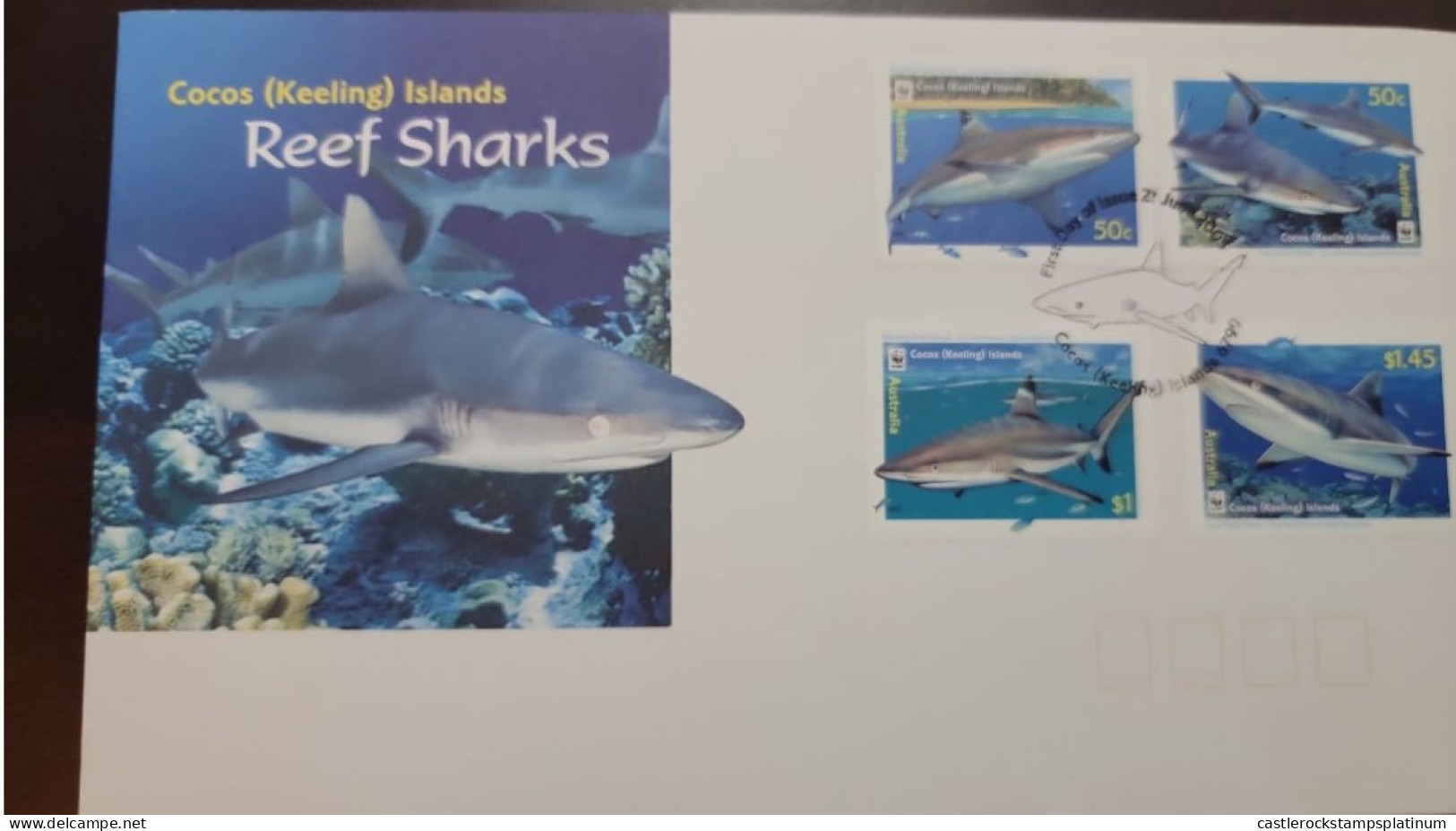 P) 2003 COCOS ISLANDS, REEF SHARKS, ENDEMIC SPECIES, COMPLETE SERIES, FDC XF - Isole Cocos (Keeling)