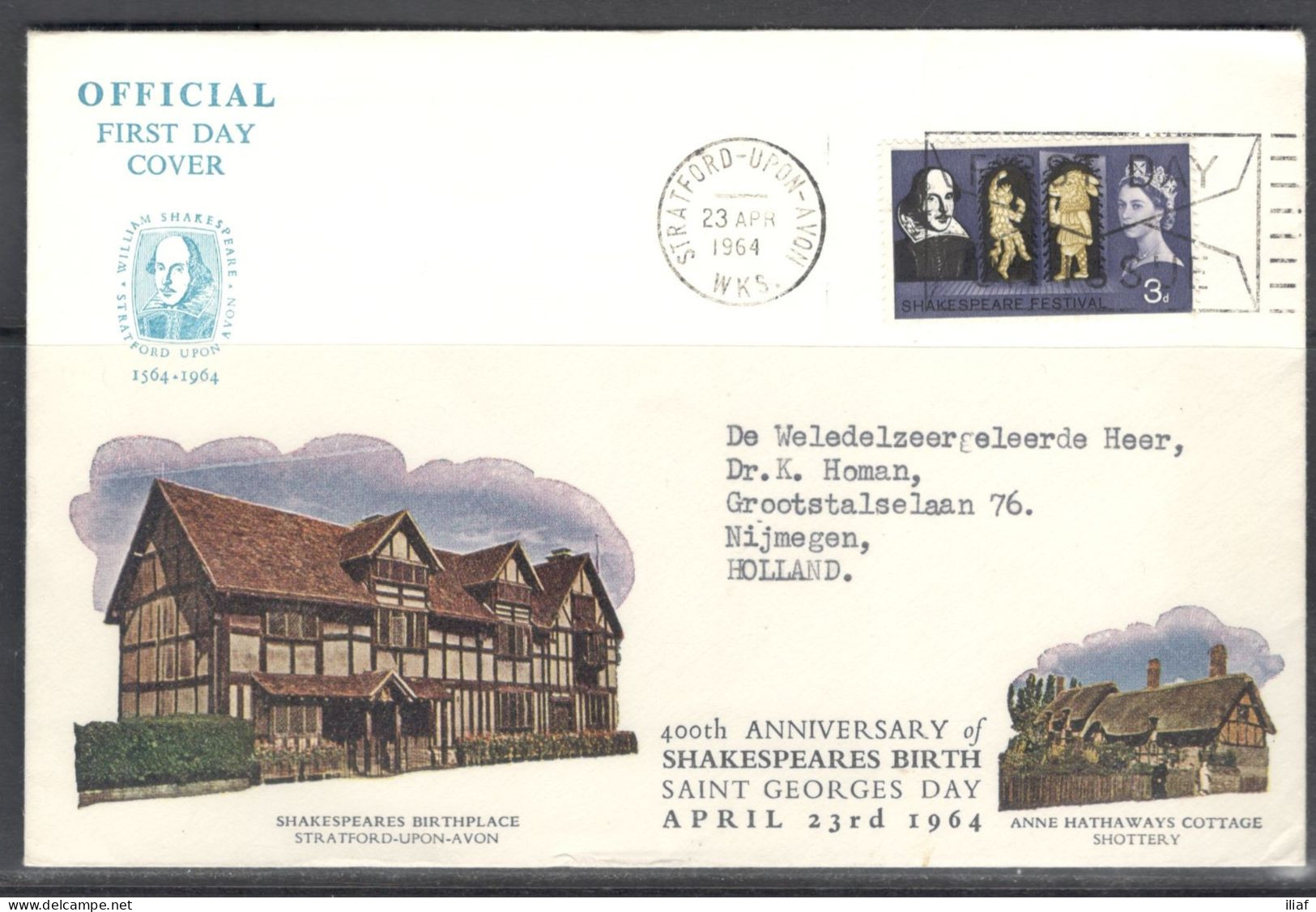 United Kingdom Of Great Britain. FDC Sc. 402. Shakespeare Festival. Puck And Bottom In A Midsummer Night's Dream.  FDC - 1952-1971 Pre-Decimal Issues