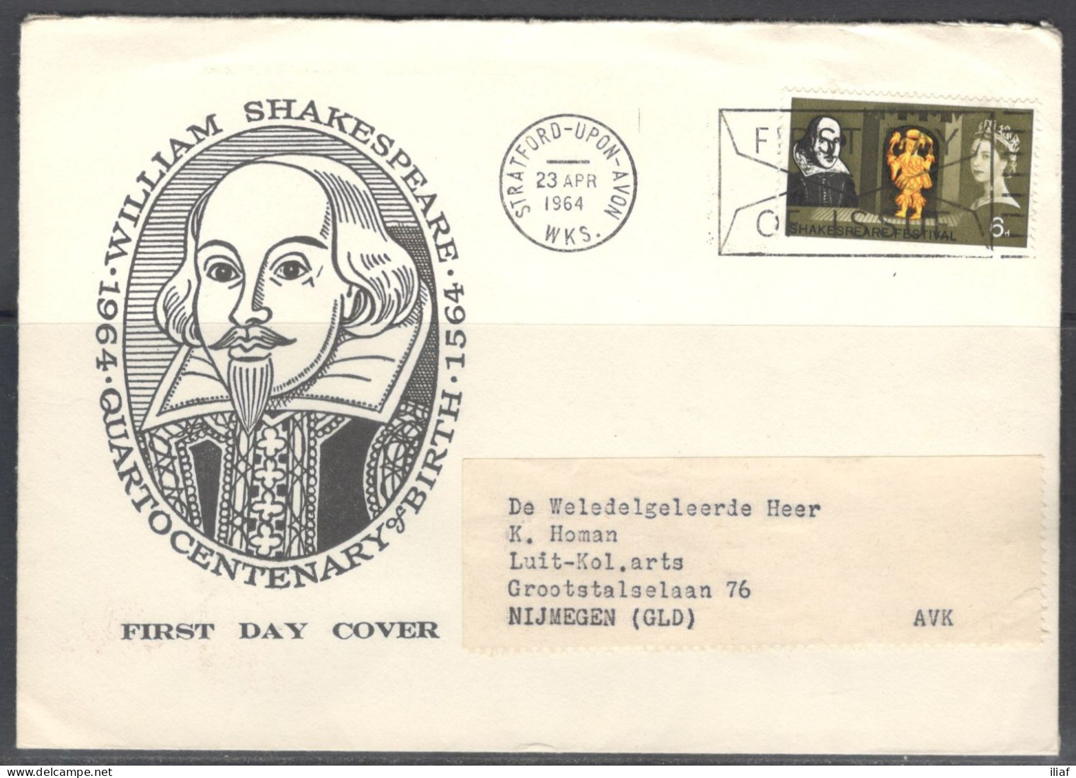 United Kingdom Of Great Britain. FDC Sc. 403. Shakespeare Festival. Feste In Twelfth Night.  FDC Cancellation On FDC Env - 1952-1971 Pre-Decimal Issues