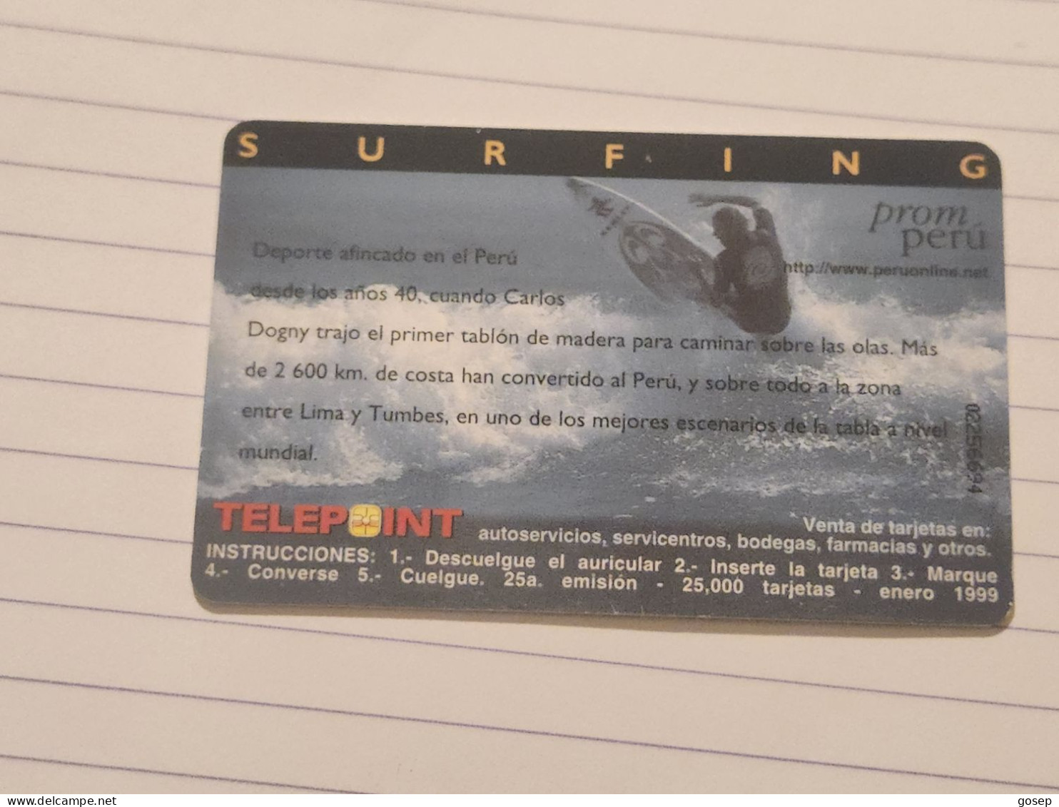 PERU-(PER-TE-134)-SURF-(91)(S/.10 SOLES)(02256694)(tirage-25.000)-used+1card Prepiad,free - Perú