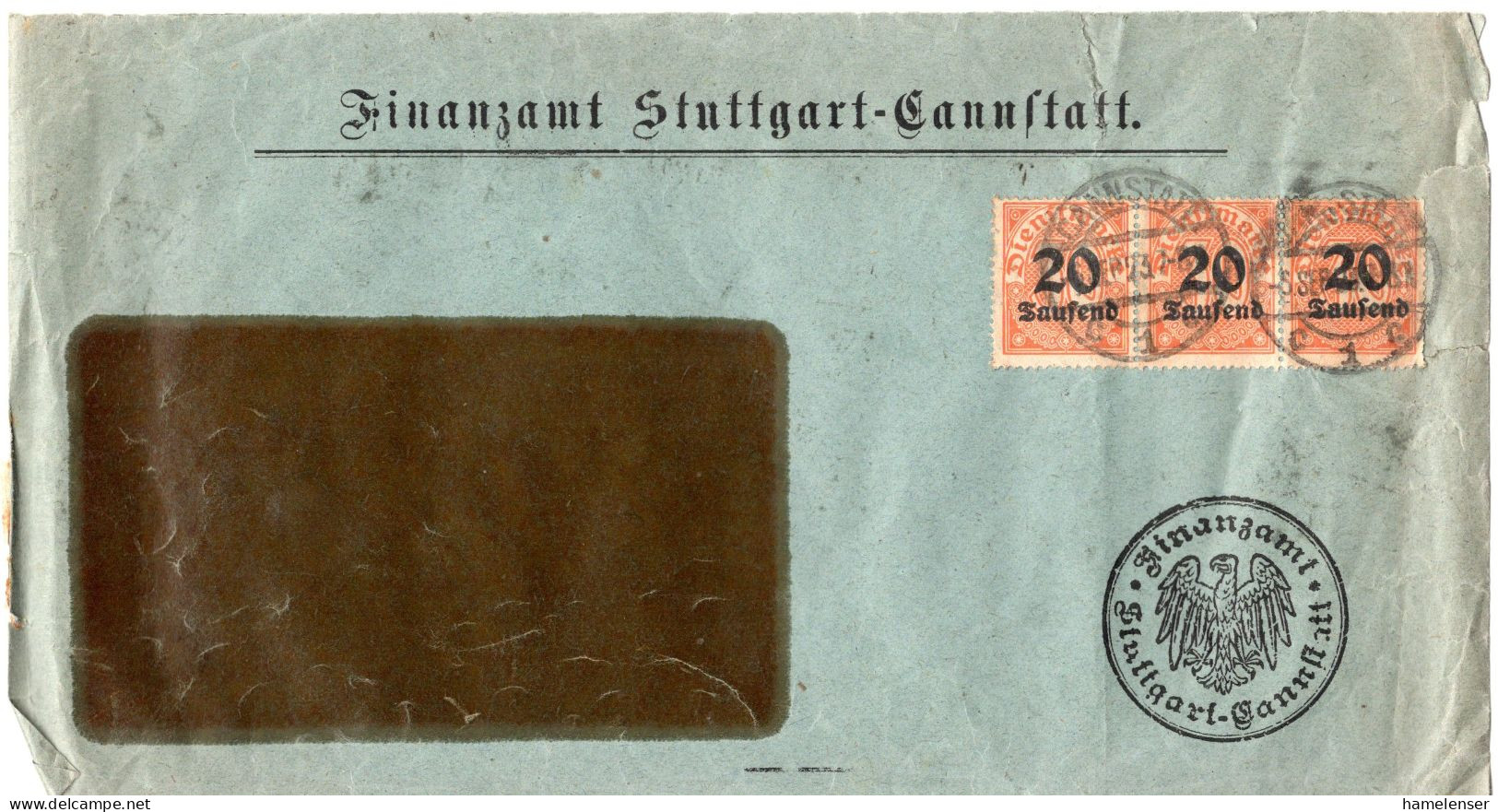 L76684 - Deutsches Reich - 1923 - 3@20.000M/30Pfg MiF (teils Mgl) A FensterBf CANNSTADT - Oficial