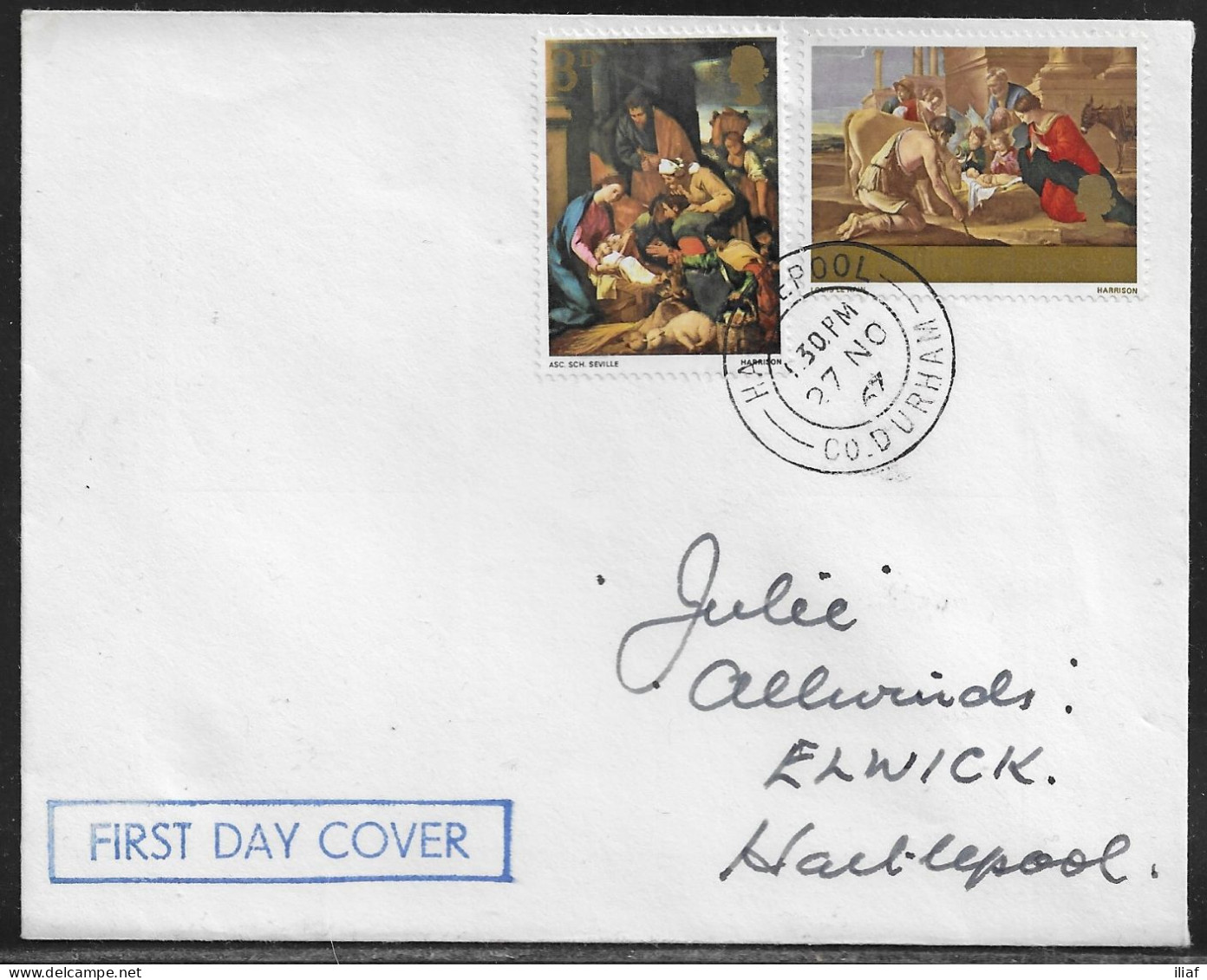 United Kingdom Of Great Britain.  FDC Sc. 522, 524.  Christmas 1967 - Paintings.  FDC Cancellation On Plain Envelope - 1952-71 Ediciones Pre-Decimales