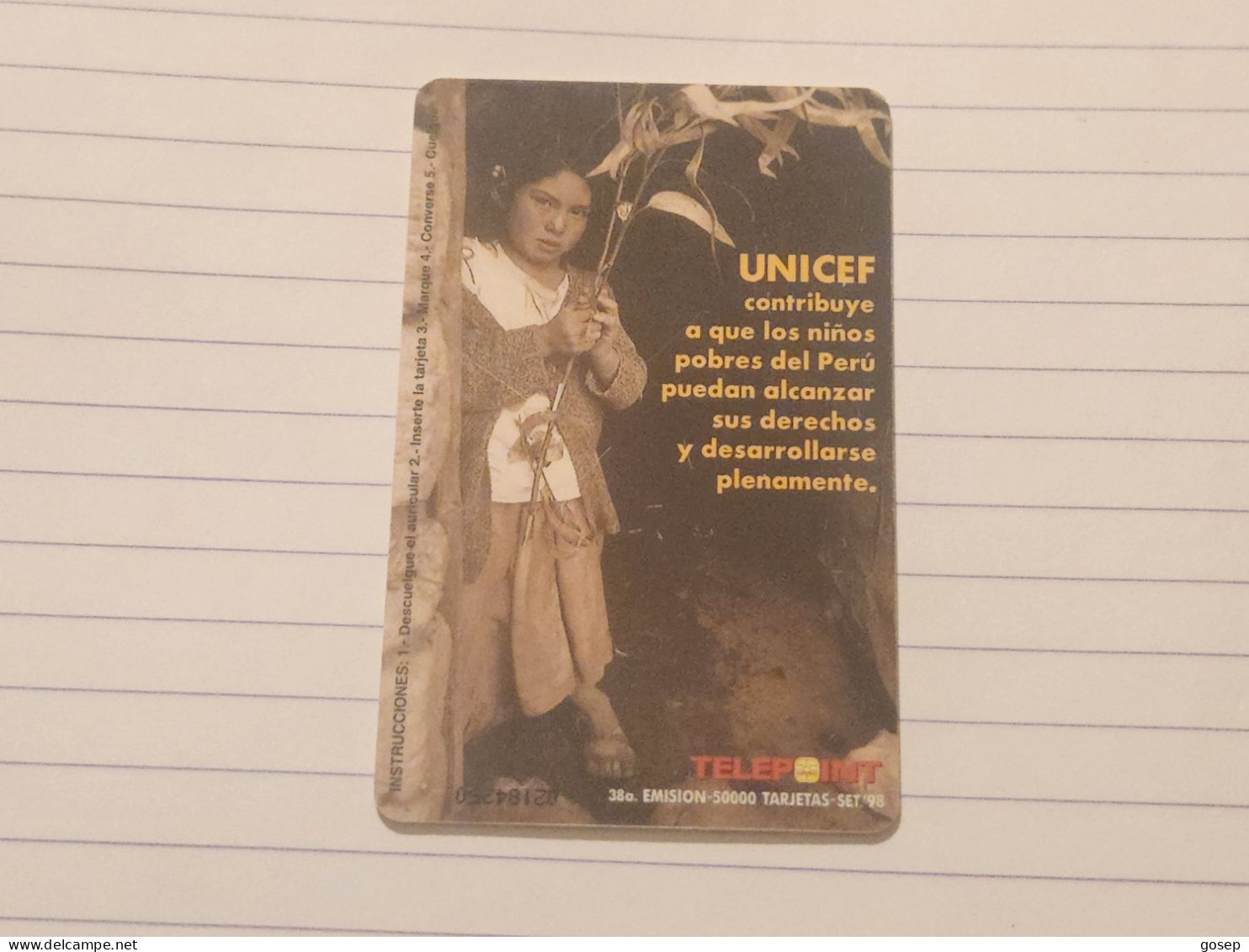 PERU-(PER-TE-127)-Unicef 3-Girl With Tree-(92)(5 SOLES)(02184250)(tirage-50.000)-used+1card Prepiad,free - Peru