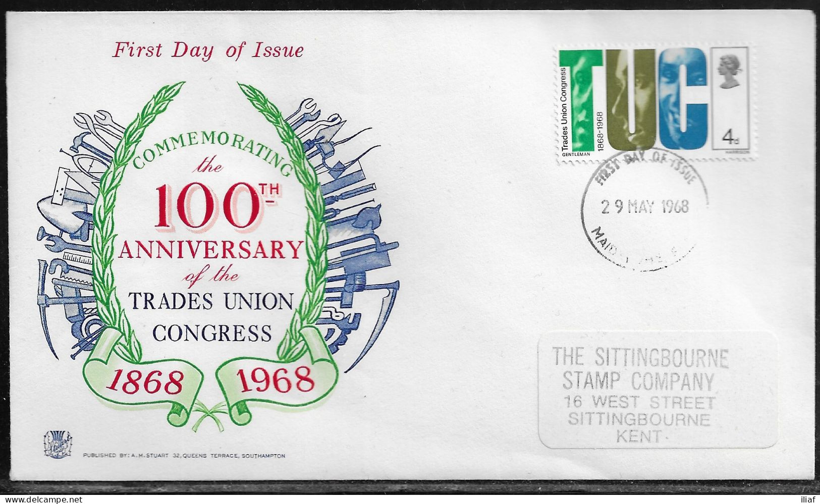 United Kingdom Of Great Britain.  FDC Sc. 564.  100th Anniversary Of The "TUC" And Trade Unionists.  FDC Cancellation - 1952-71 Ediciones Pre-Decimales