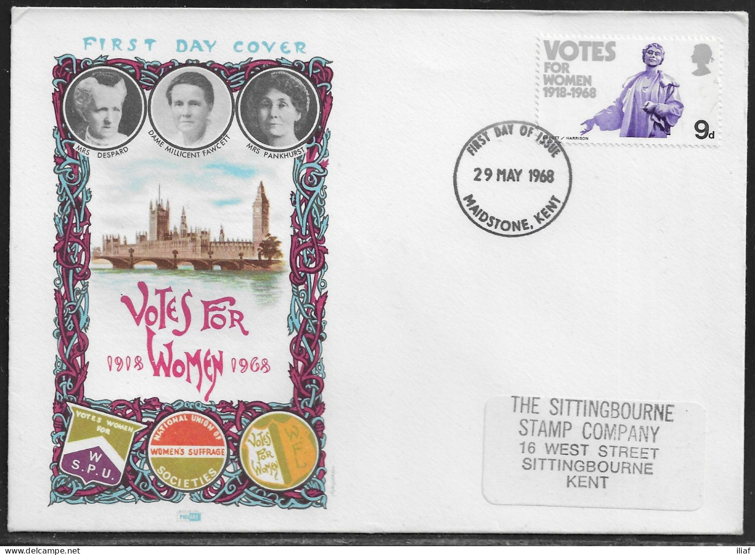 United Kingdom Of Great Britain.  FDC Sc. 565.  50th Anniversary Of The “Votes For Women” 1918-1968.  FDC Cancellation - 1952-71 Ediciones Pre-Decimales