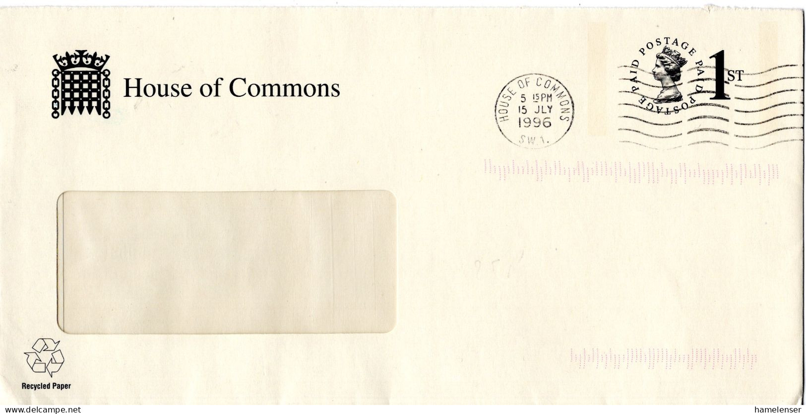 L76693 - Grossbritannien - 1996 - "1st" Machin GADienstU "House Of Commons" HOUSE OF COMMONS - Briefe U. Dokumente