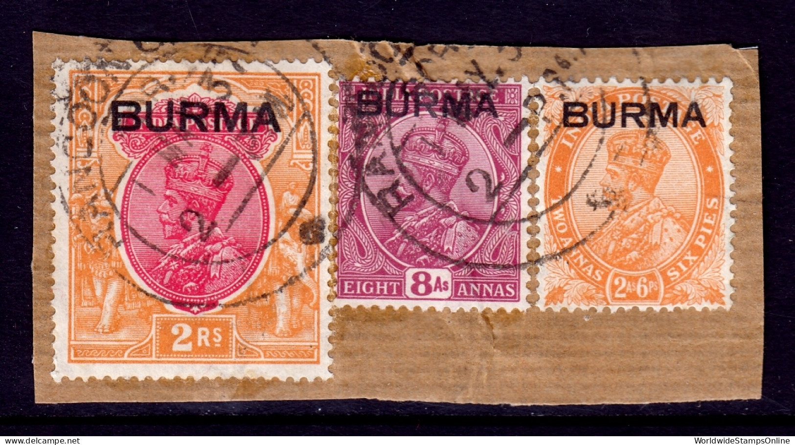 Burma - Scott #6, 11, 14 - Used On Piece - Crease LR On #14 - SCV $28 - Burma (...-1947)