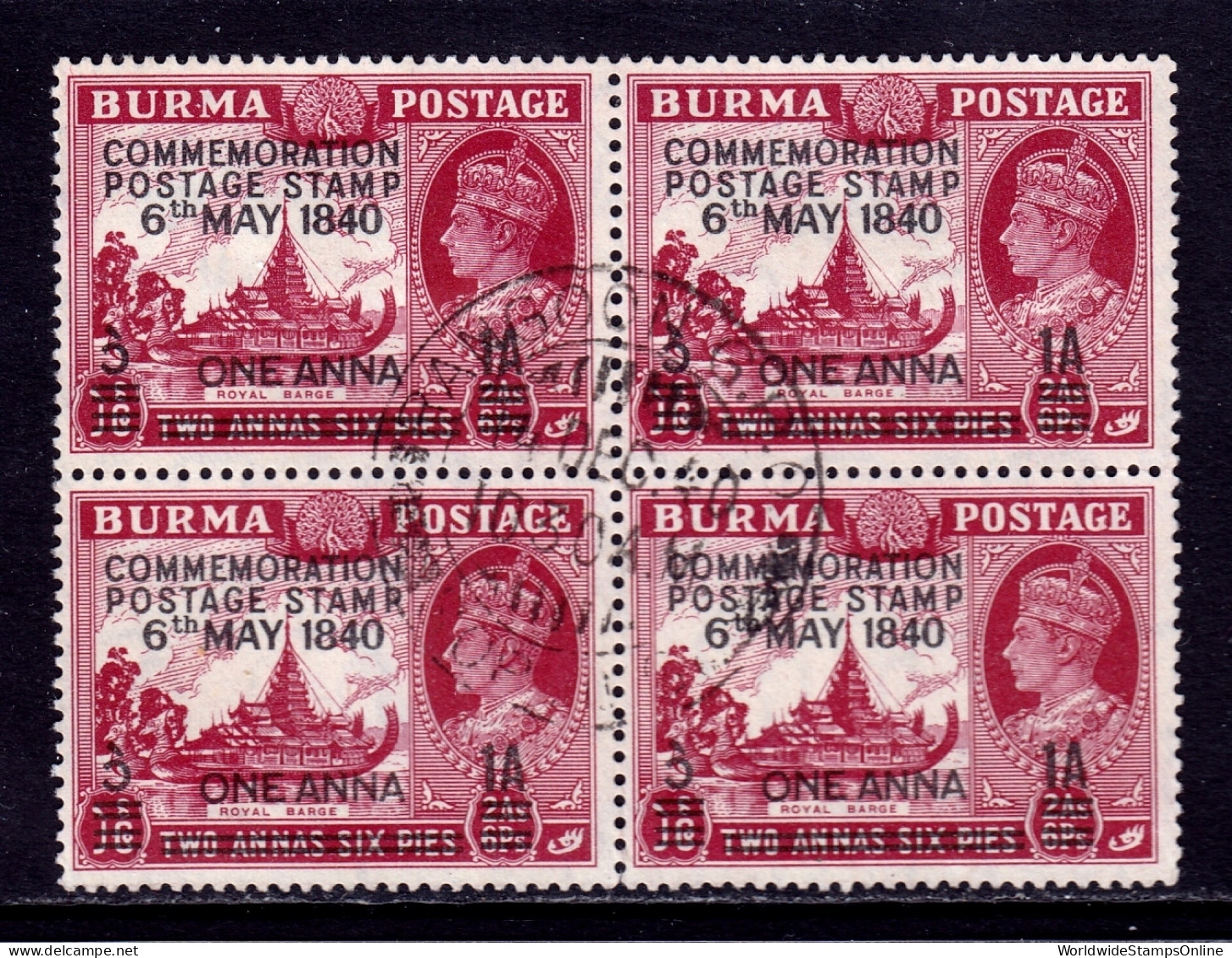 Burma - Scott #34 - Used - Block/4 - SOTN, Pencil/rev. - SCV $10 - Burma (...-1947)