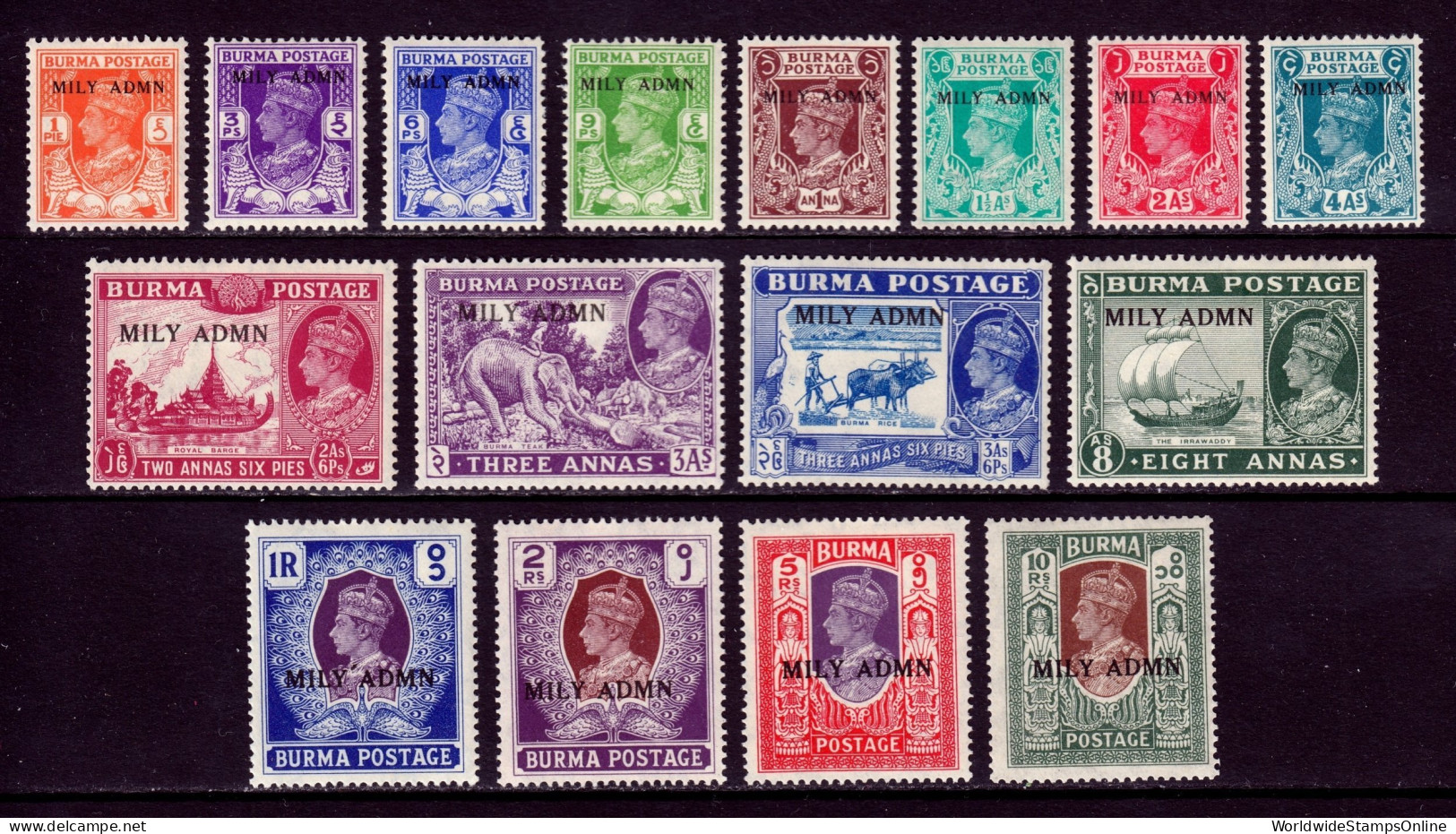 Burma - Scott #35-50 - MH - Crease #48 - SCV $7.85 - Burma (...-1947)