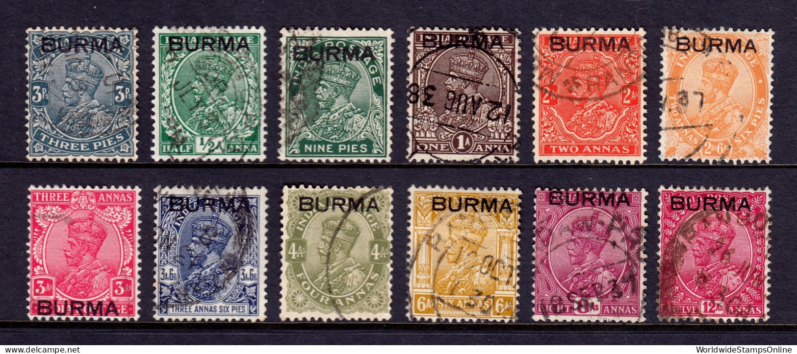 Burma - Scott #1//12 - Used - Short Set - SCV $6.85 - Birmanie (...-1947)