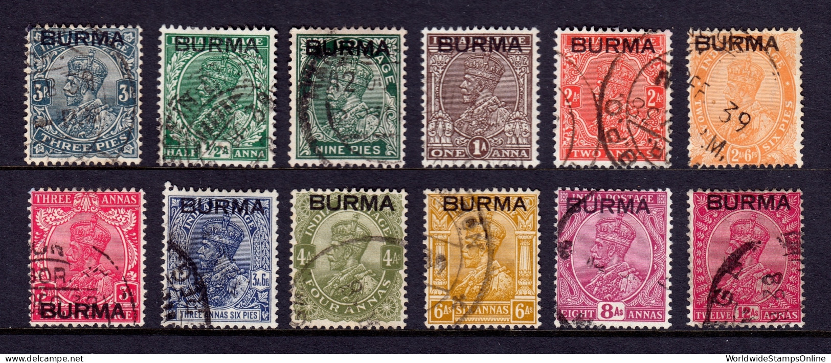 Burma - Scott #1//12 - Used - Short Set - SCV $6.85 - Birmanie (...-1947)