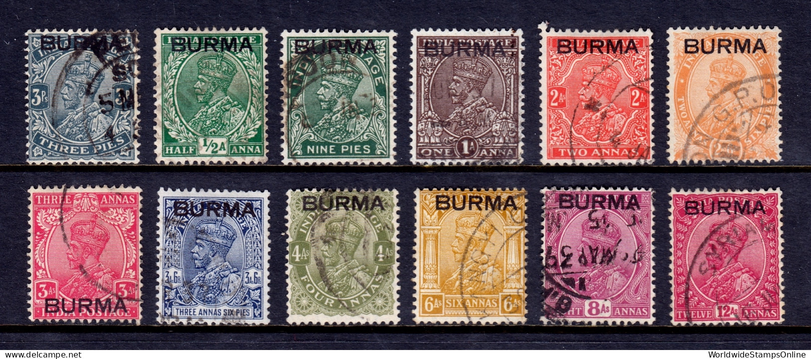 Burma - Scott #1//12 - Used - Short Set - SCV $6.85 - Birmanie (...-1947)