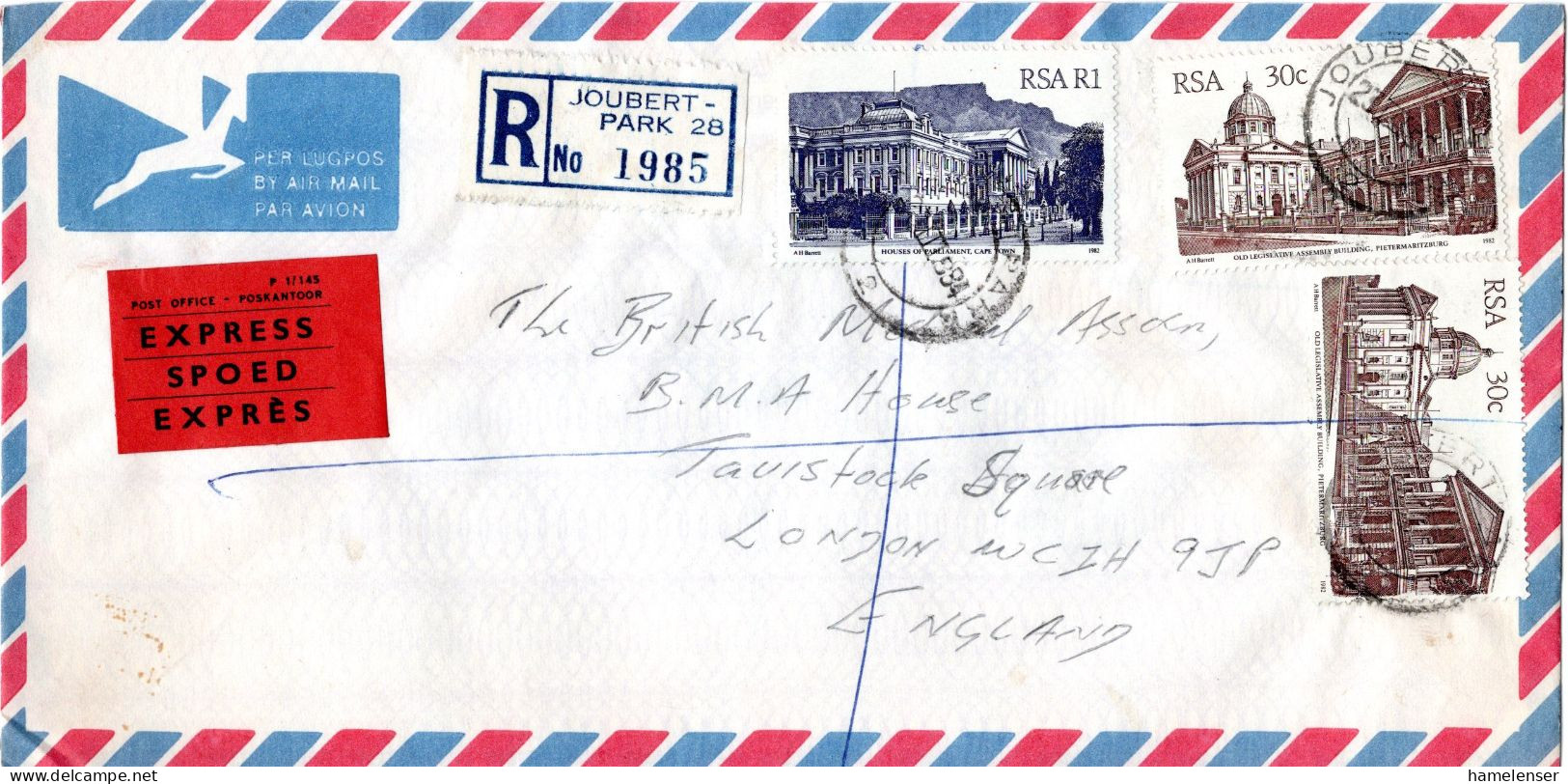 L76696 - Südafrika - 1984 - R1 Parlament MiF A R-EilLpBf JOUBERT PARK -> JOHANNESBURG -> Grossbritannien - Storia Postale